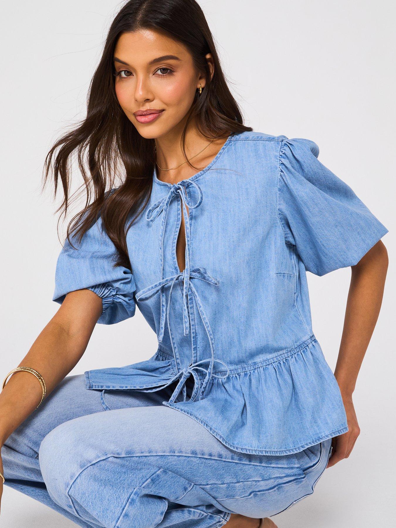 Image 5 of 6 of V by Very Denim Tie Front Top - Light Wash