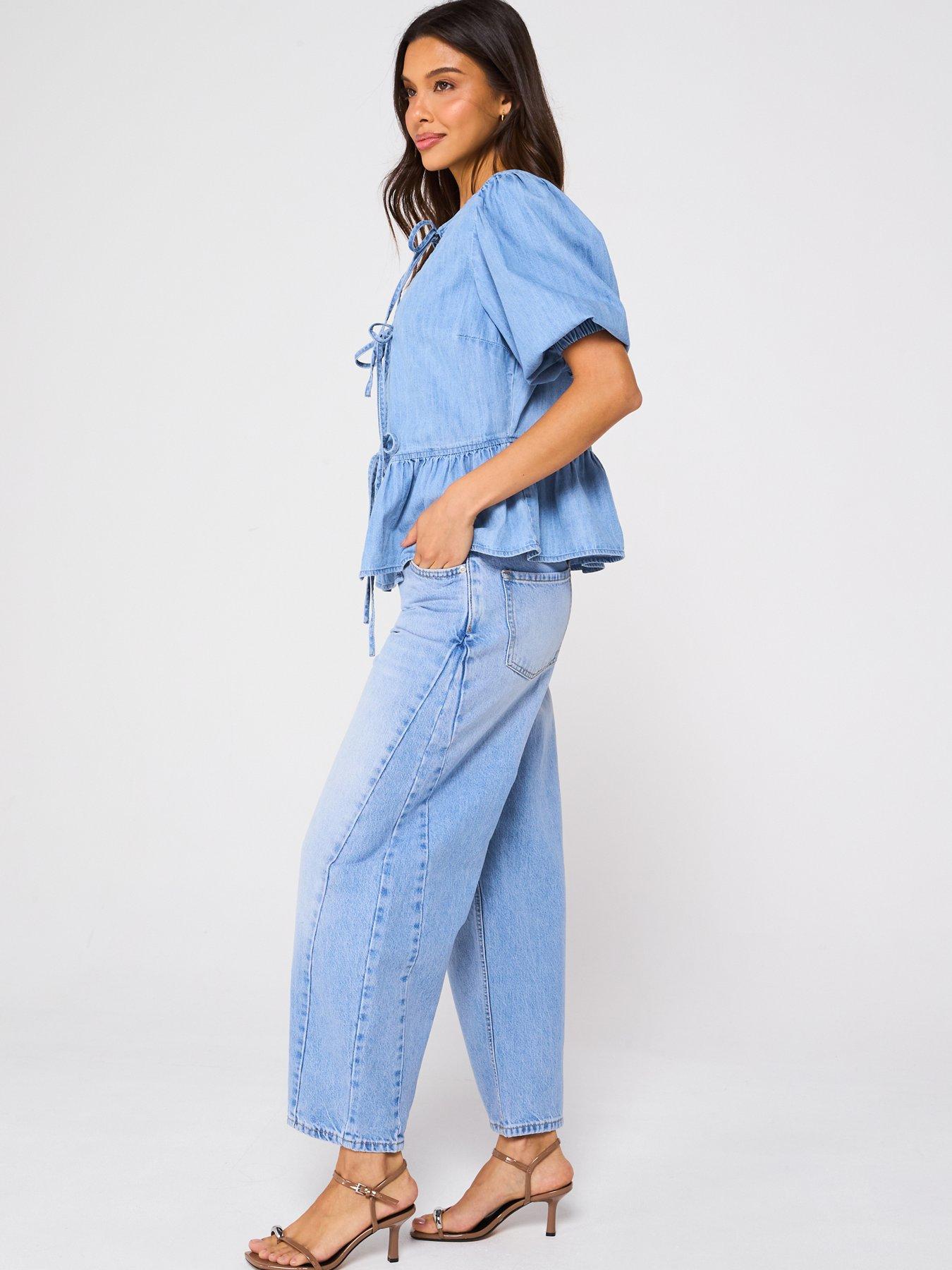 Image 6 of 6 of V by Very Denim Tie Front Top - Light Wash