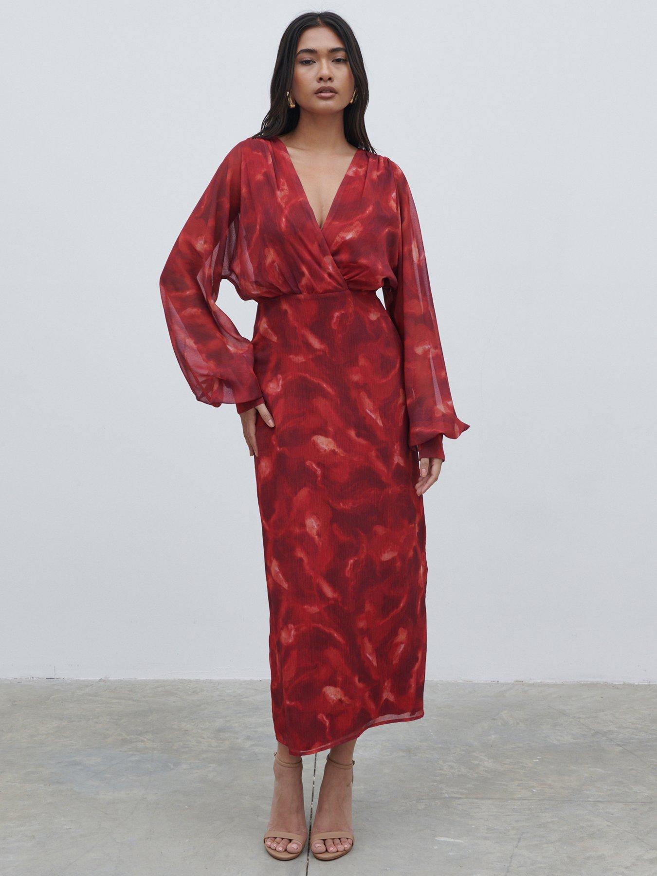 undefined Floral Batwing Midaxi Dress - Dark Red