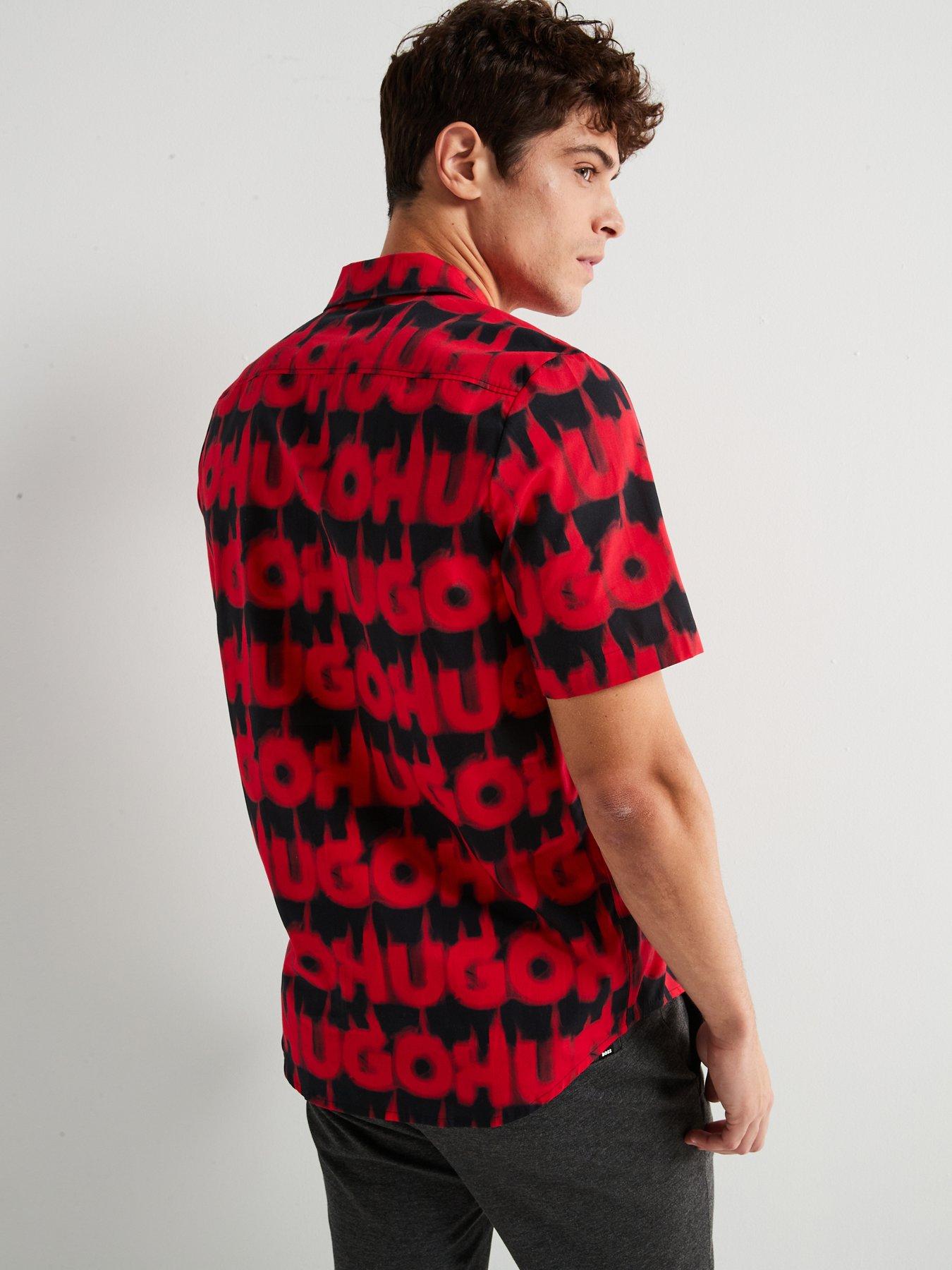 Image 2 of 5 of HUGO Ellino Relaxed Fit All Over Print Cuban Short Sleeve Shirt - Red