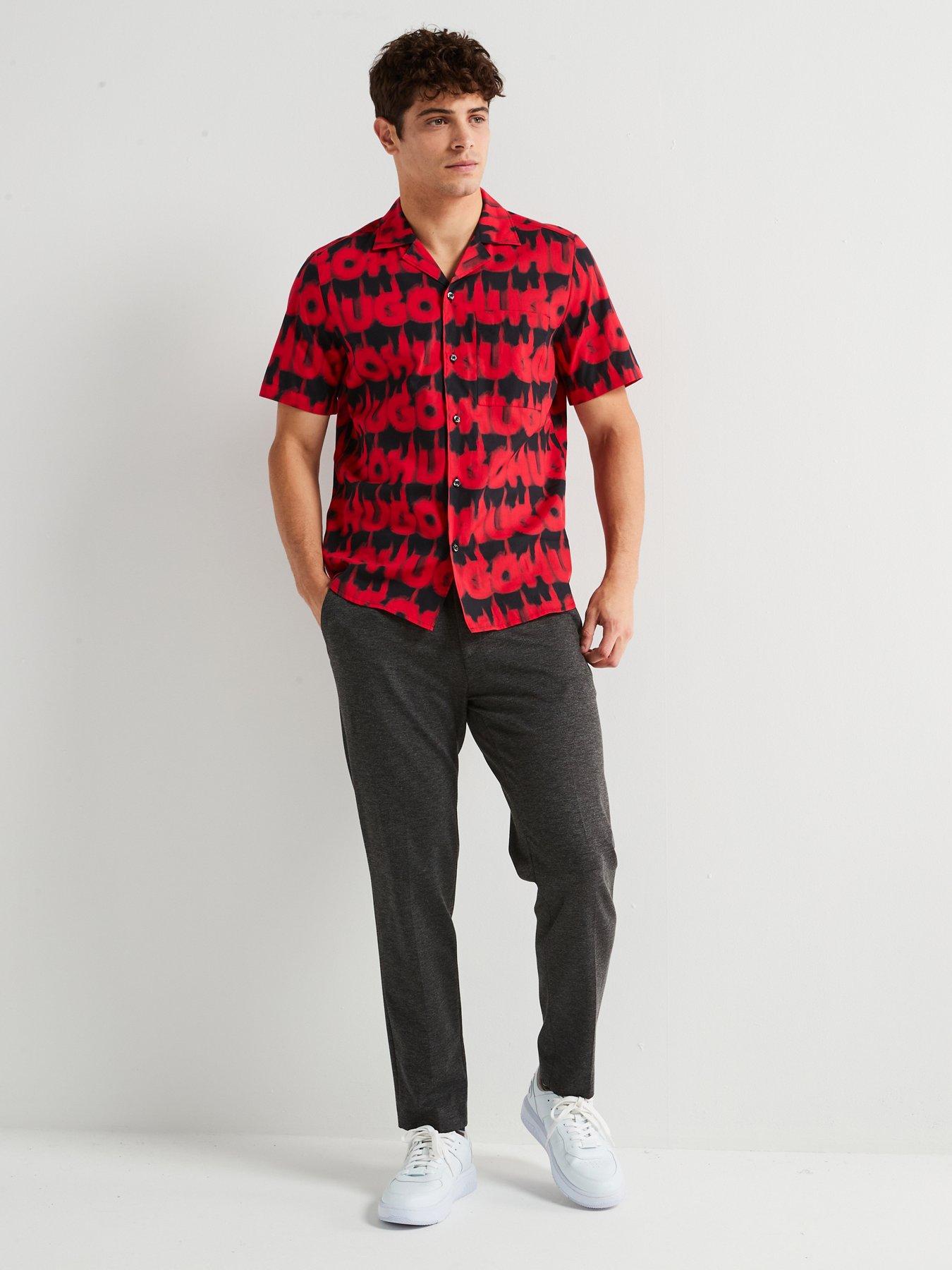 Image 3 of 5 of HUGO Ellino Relaxed Fit All Over Print Cuban Short Sleeve Shirt - Red