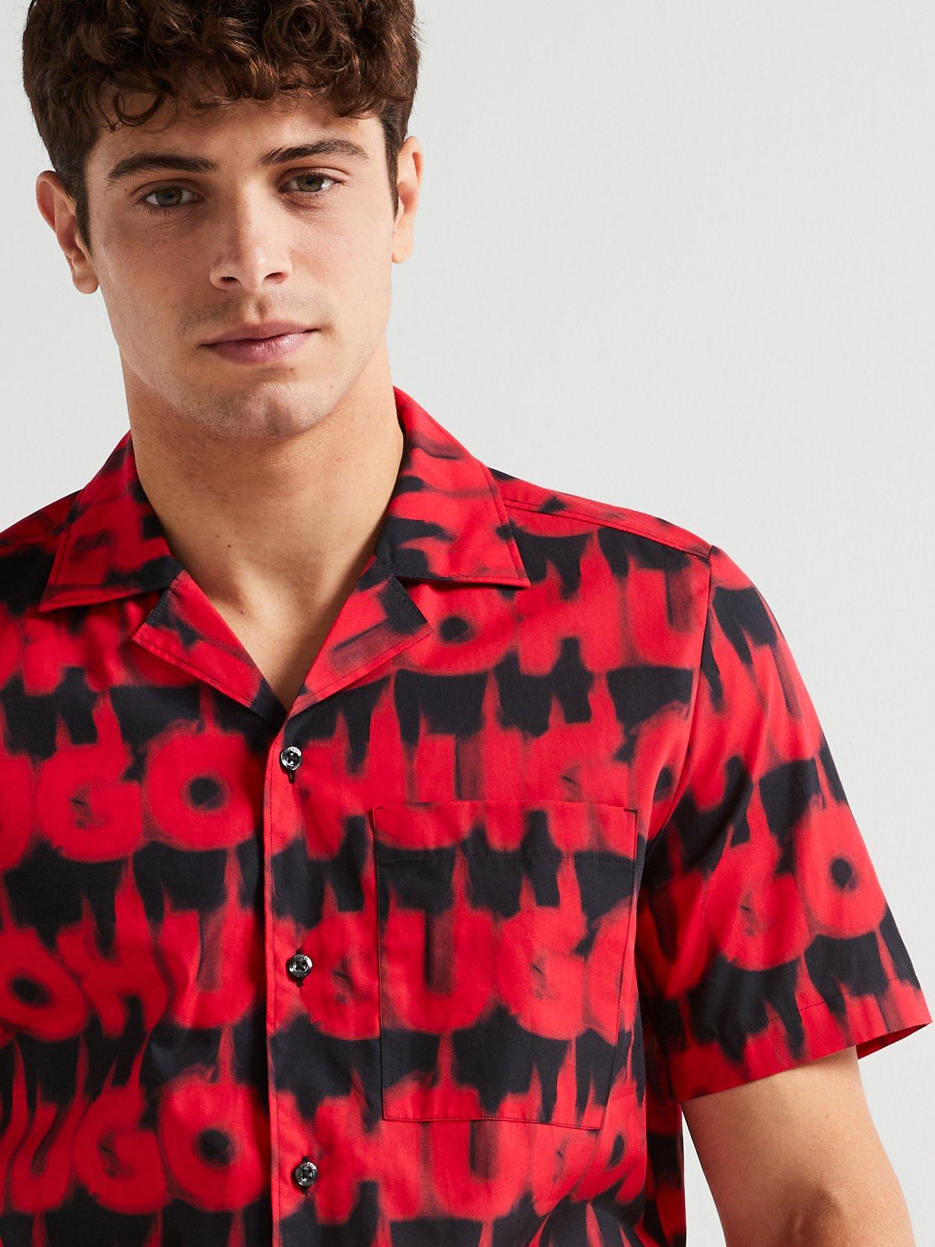 Image 4 of 5 of HUGO Ellino Relaxed Fit All Over Print Cuban Short Sleeve Shirt - Red