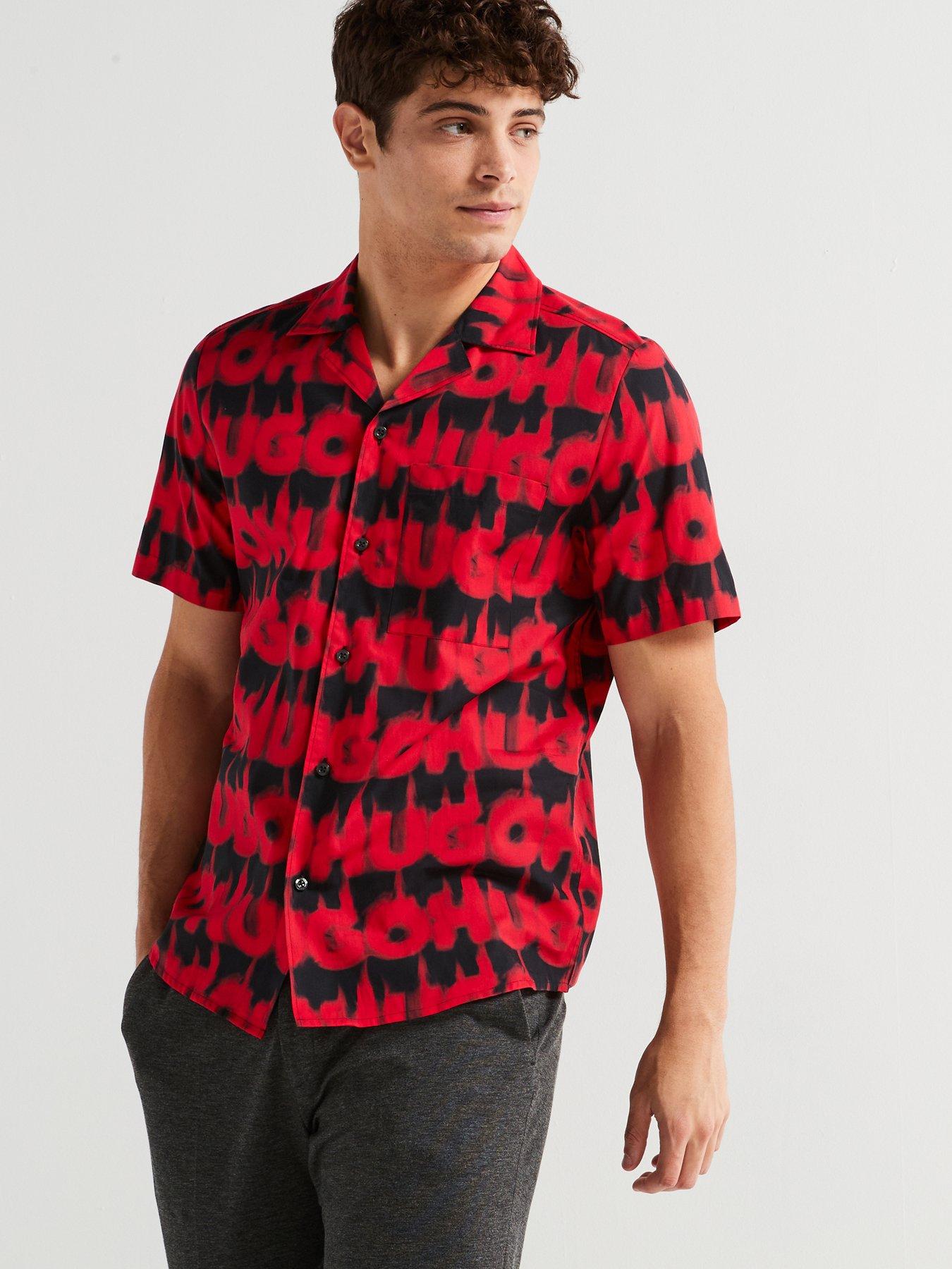 Image 5 of 5 of HUGO Ellino Relaxed Fit All Over Print Cuban Short Sleeve Shirt - Red