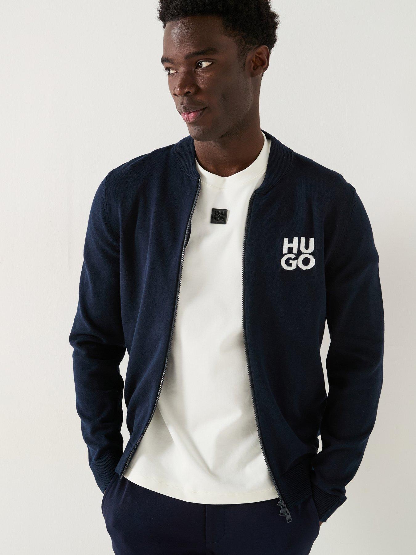 Image 1 of 6 of HUGO Solouh Regular Fit Stacked Logo Baseball Zip Through Knitted Jumper - Dark Blue