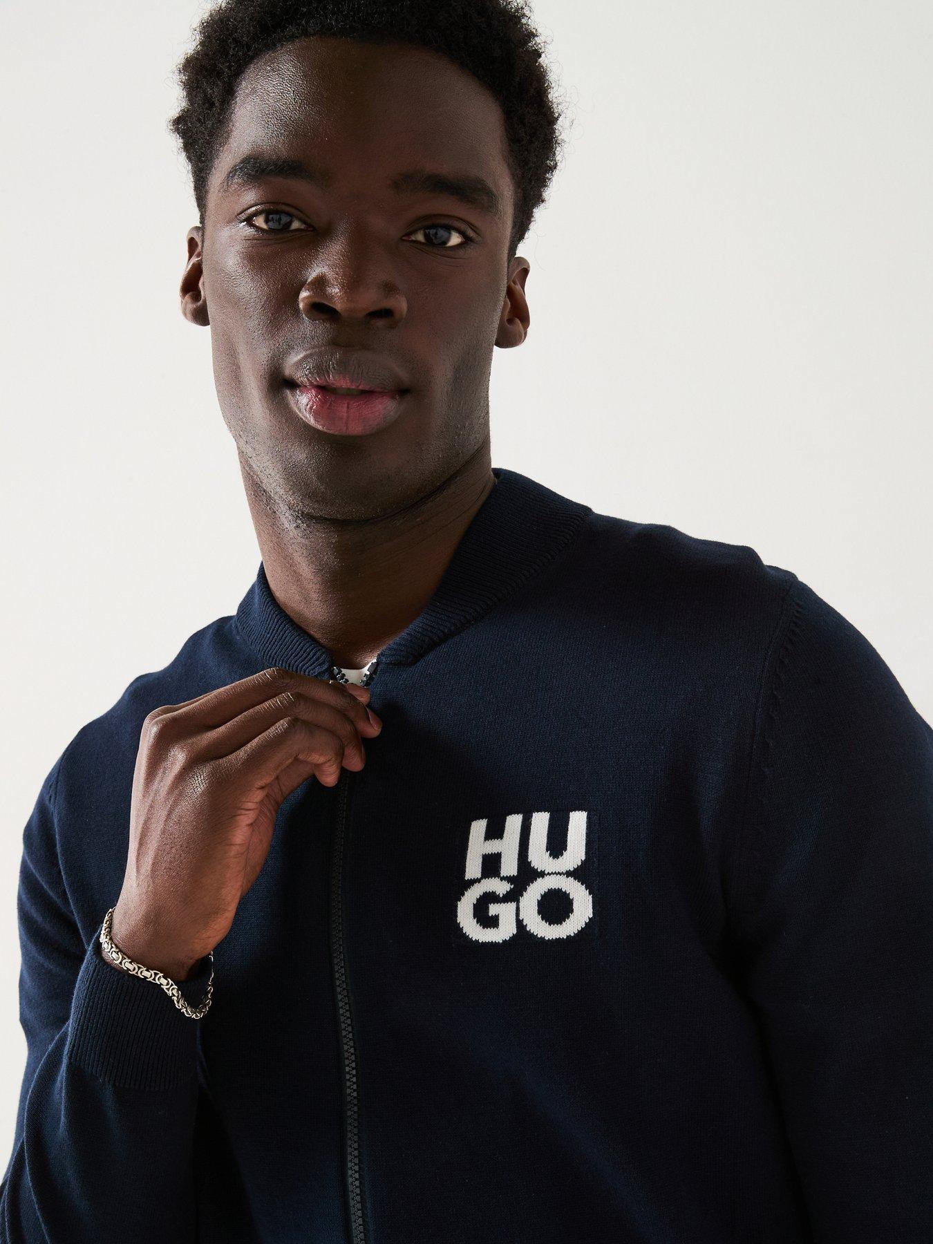 Image 2 of 6 of HUGO Solouh Regular Fit Stacked Logo Baseball Zip Through Knitted Jumper - Dark Blue