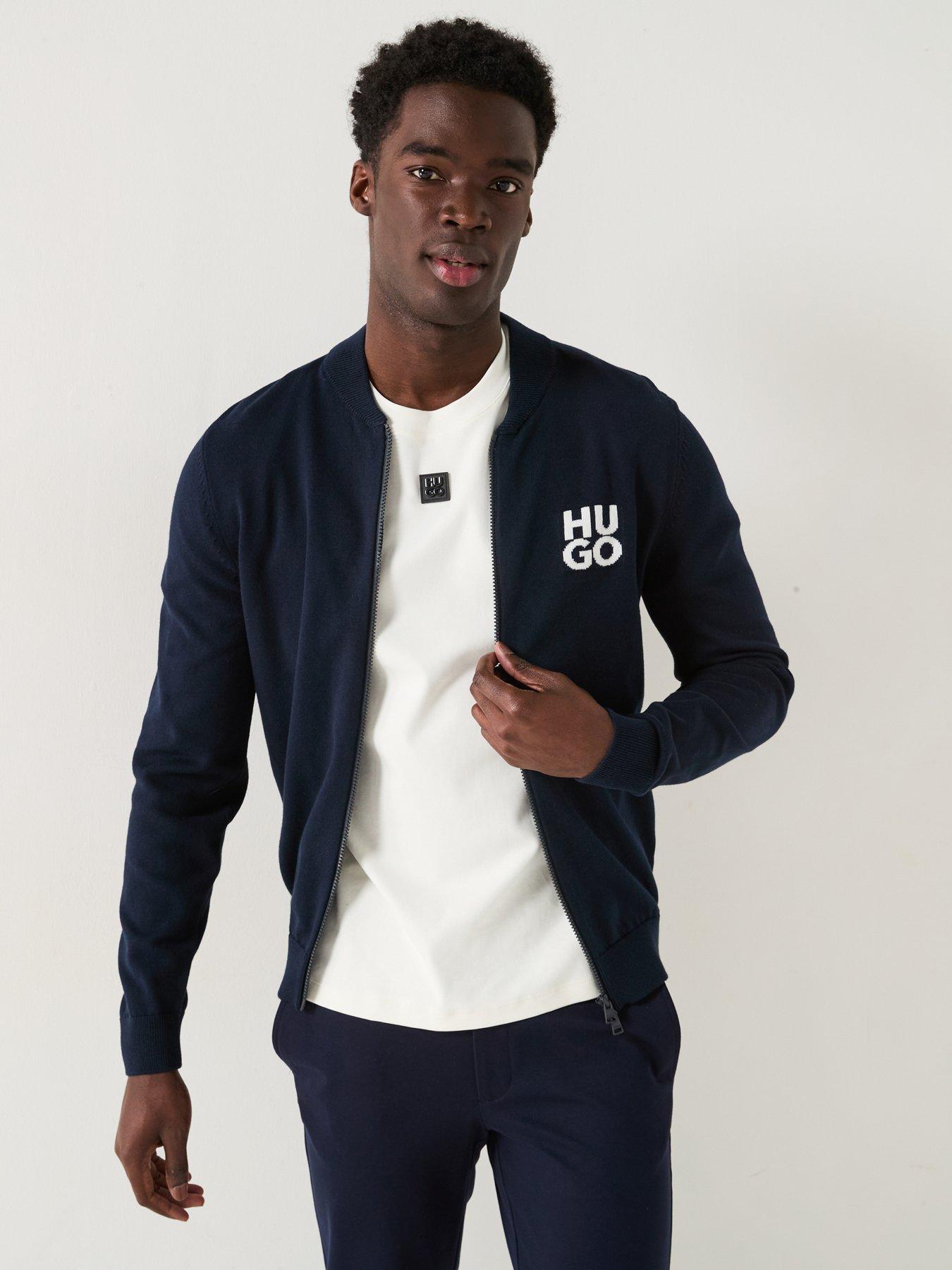Image 6 of 6 of HUGO Solouh Regular Fit Stacked Logo Baseball Zip Through Knitted Jumper - Dark Blue