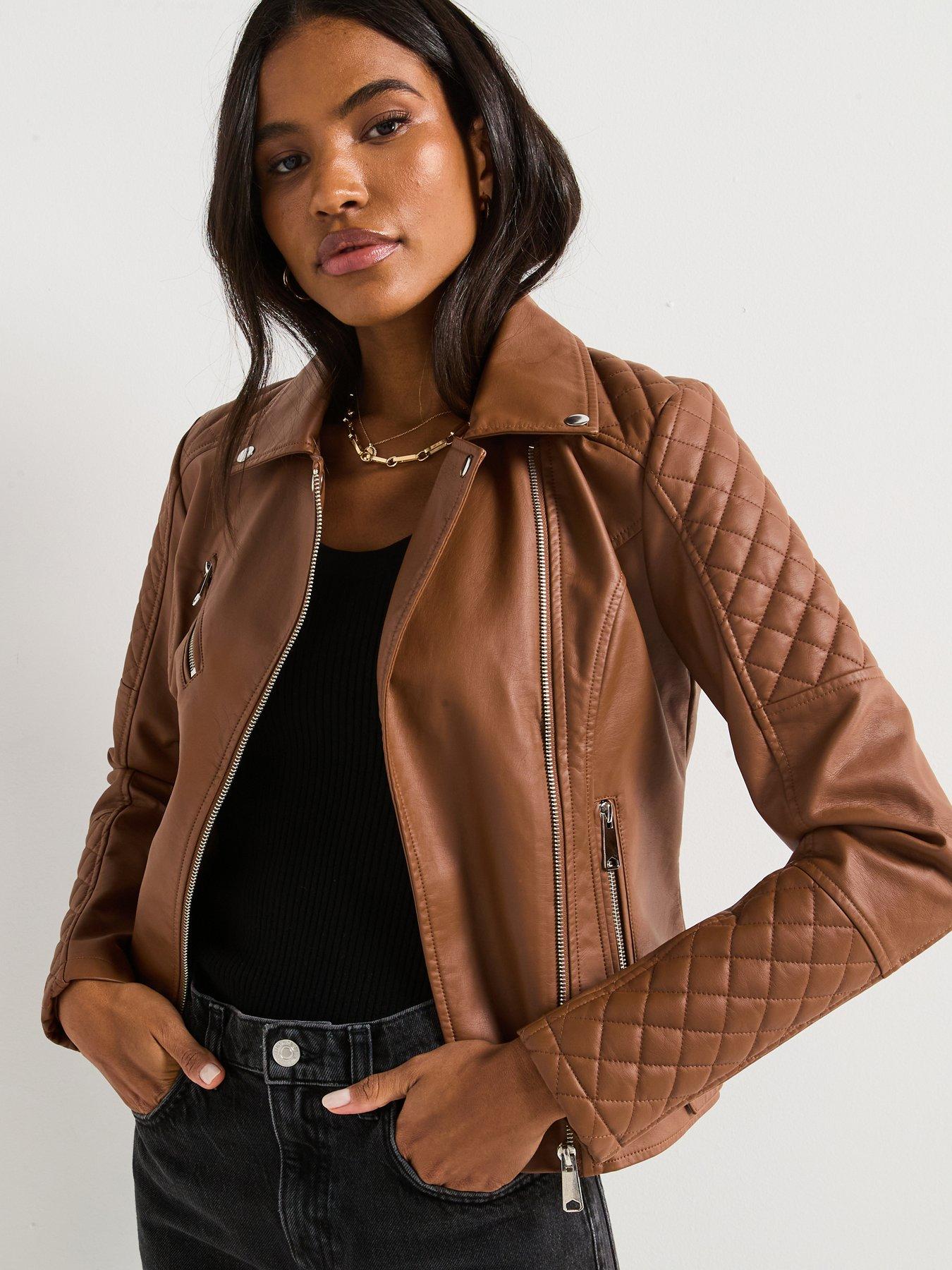 Image 1 of 6 of V by Very Faux Leather Quilted Biker Jacket - Tan