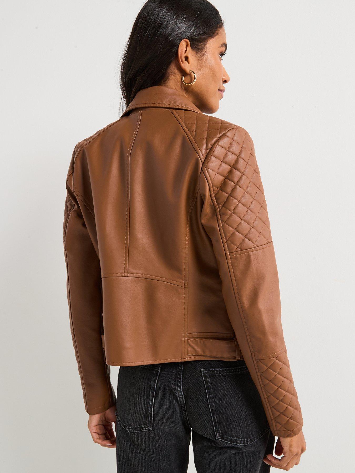 Image 2 of 6 of V by Very Faux Leather Quilted Biker Jacket - Tan