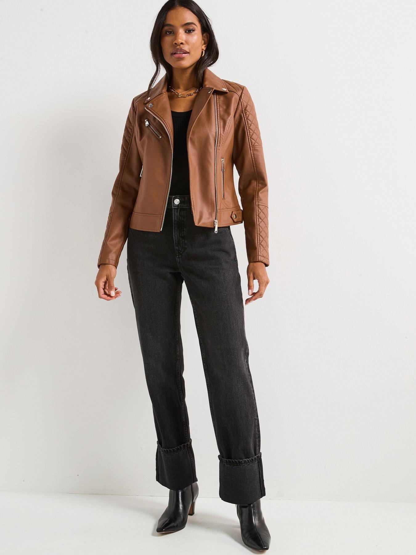 Image 3 of 6 of V by Very Faux Leather Quilted Biker Jacket - Tan