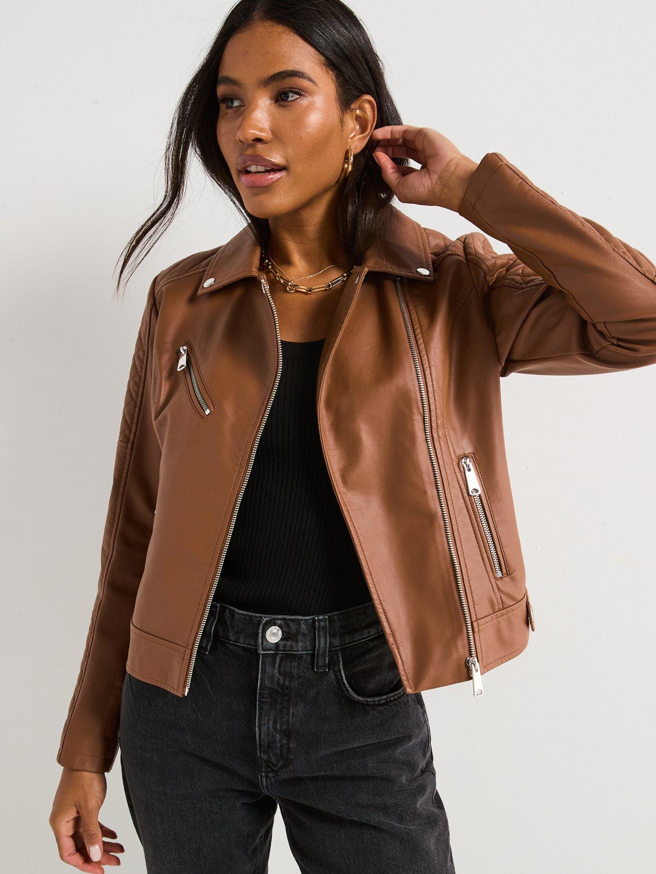 Image 4 of 6 of V by Very Faux Leather Quilted Biker Jacket - Tan