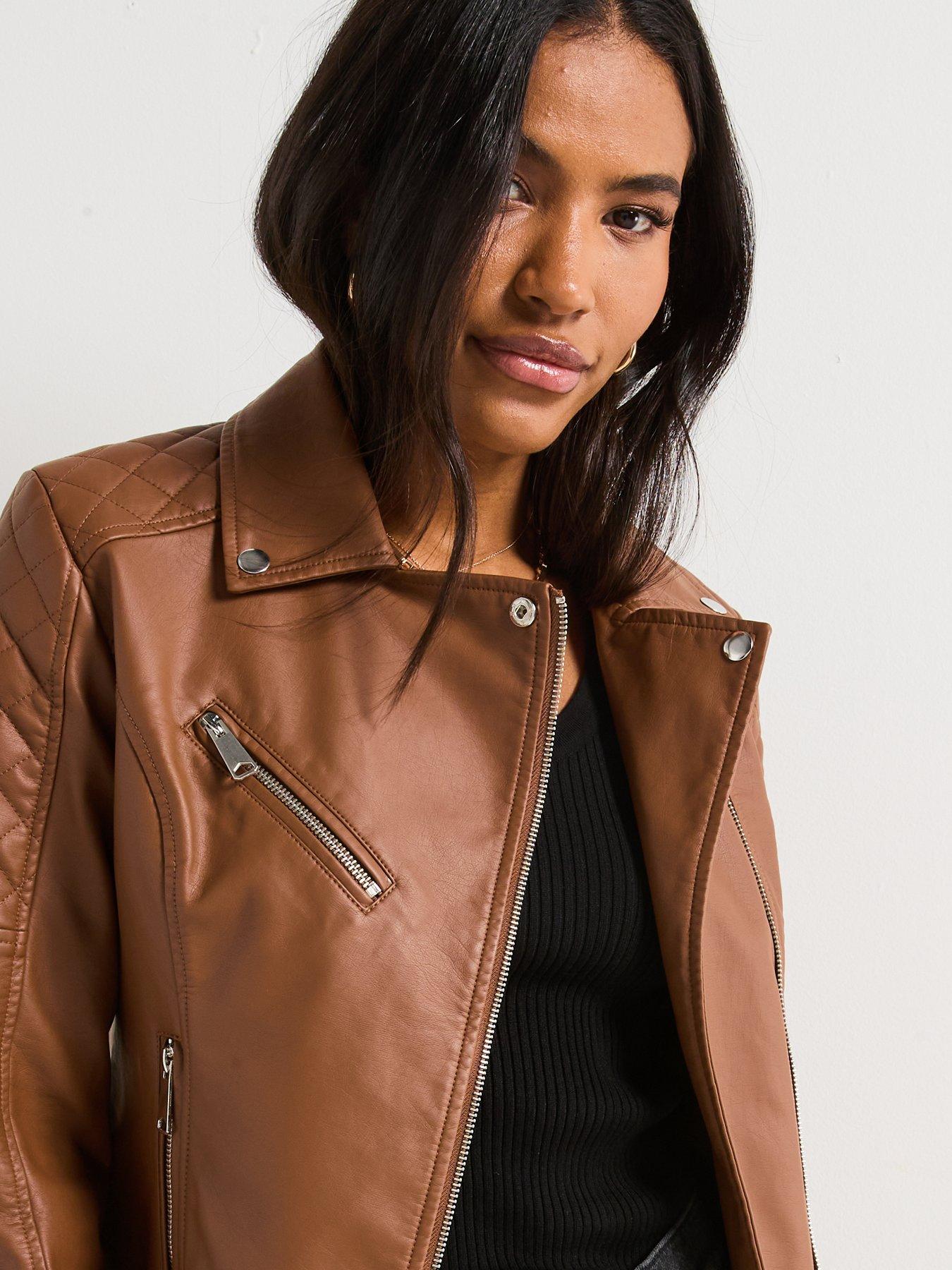 Image 5 of 6 of V by Very Faux Leather Quilted Biker Jacket - Tan