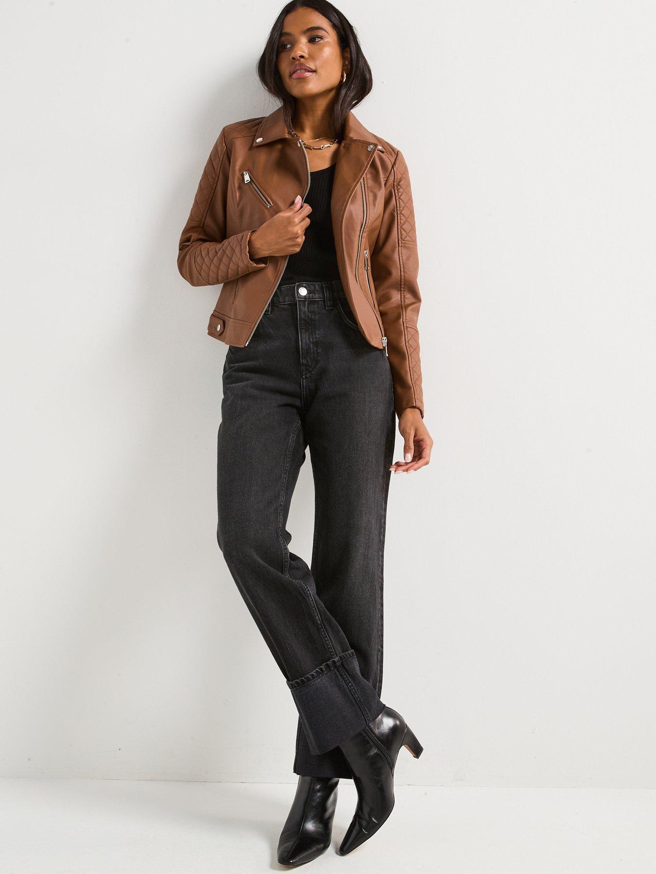 Image 6 of 6 of V by Very Faux Leather Quilted Biker Jacket - Tan