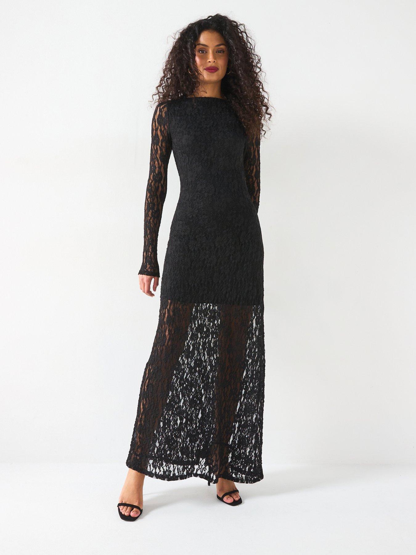 undefined Lace Slash Neck Midaxi Dress - Black