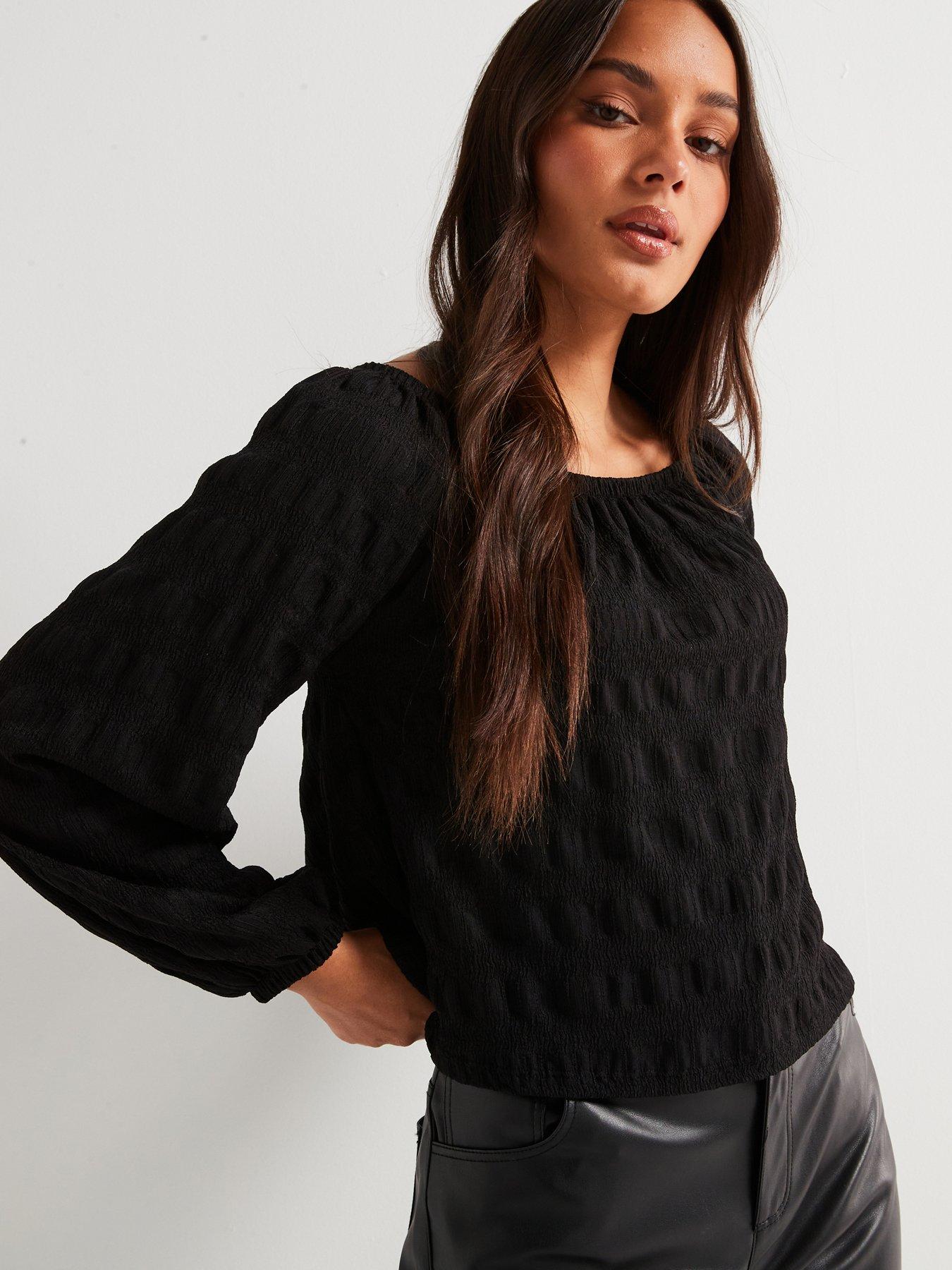 undefined Long Sleeve Textured Bardot - Black
