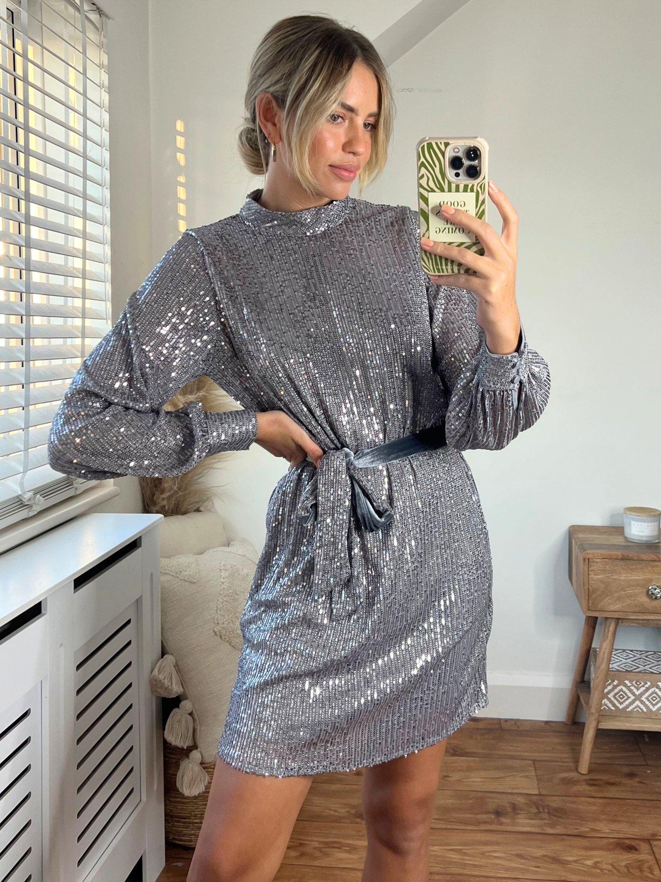 undefined Sequin High Neck Mini Dress - Silver
