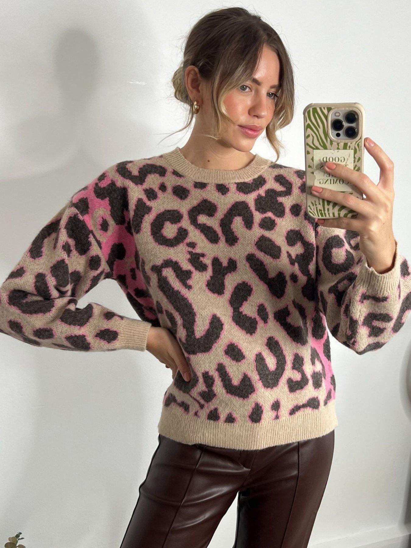 undefined Animal Print Colour Block Jumper - Beige