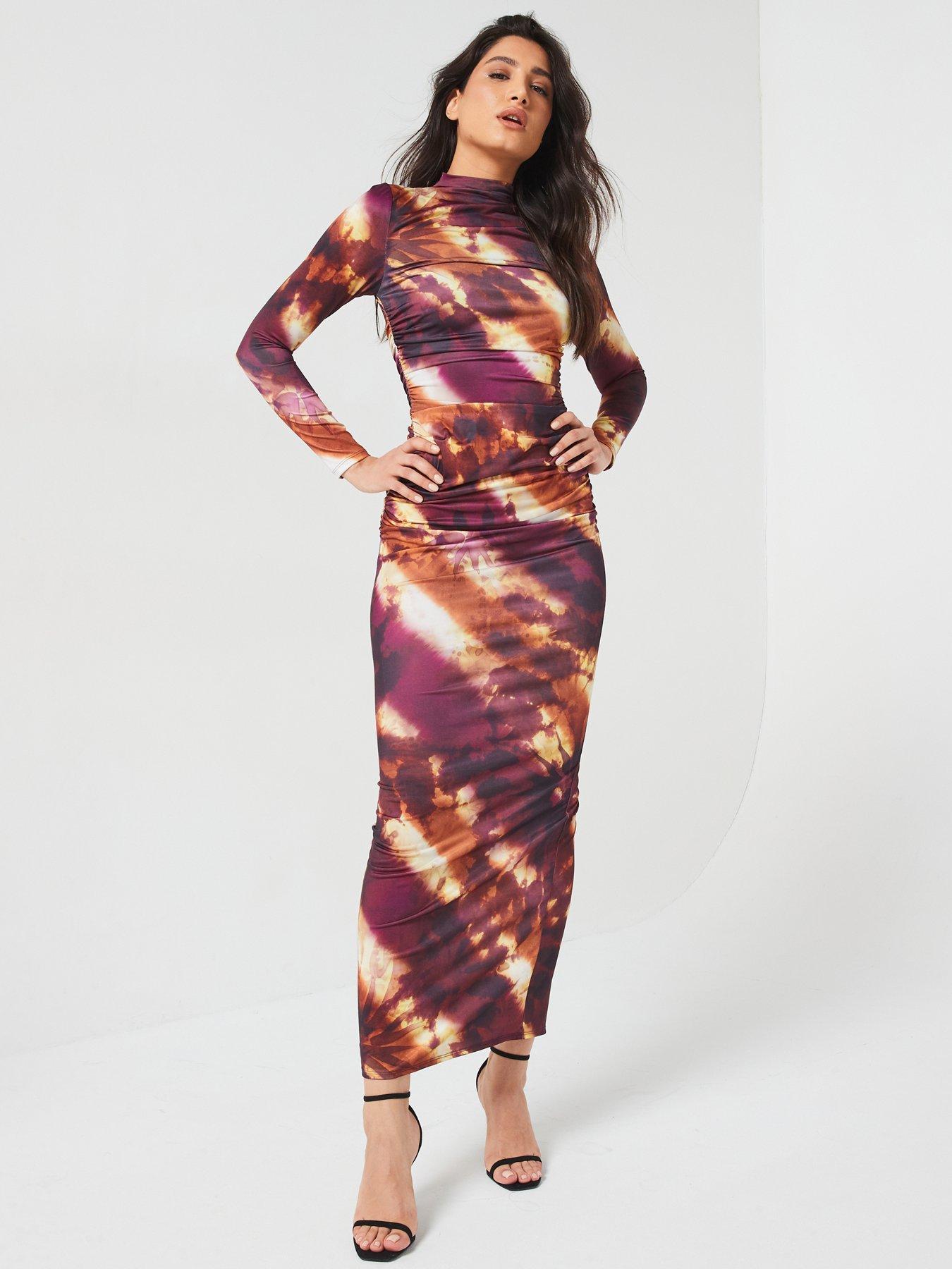 Image 1 of 6 of V by Very Long Sleeve Ruched Printed Dress - Brown