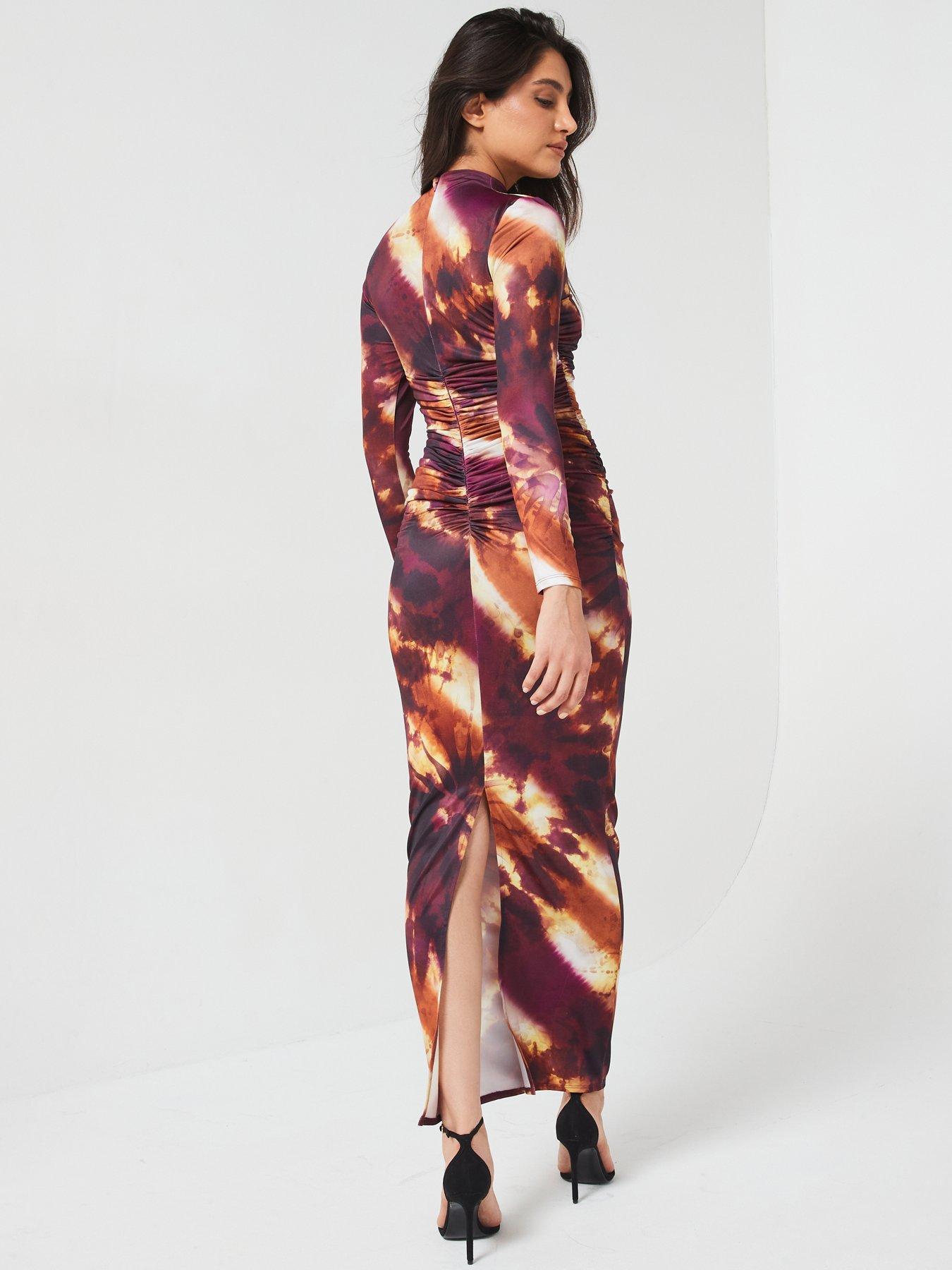 Image 2 of 6 of V by Very Long Sleeve Ruched Printed Dress - Brown