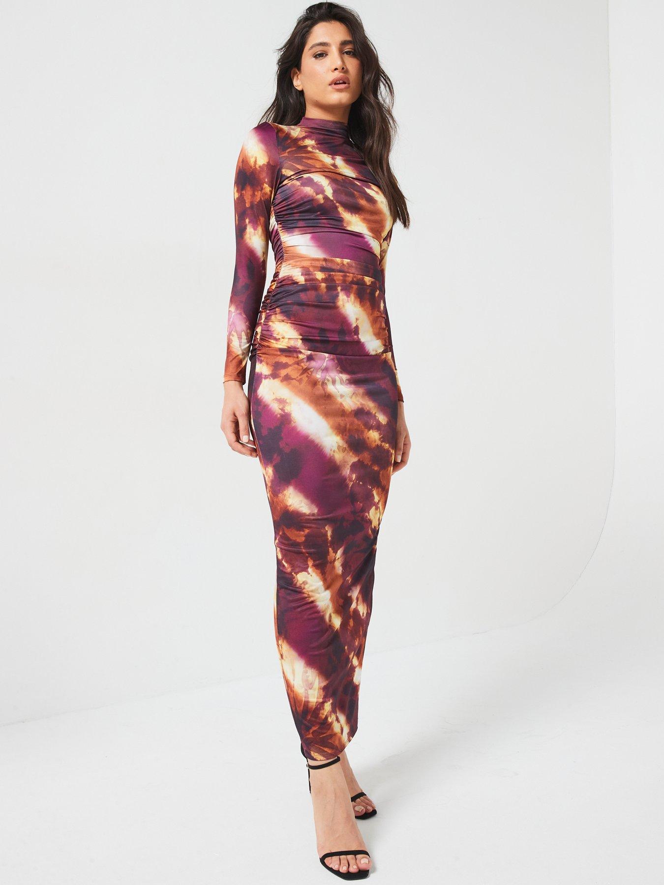 Image 3 of 6 of V by Very Long Sleeve Ruched Printed Dress - Brown