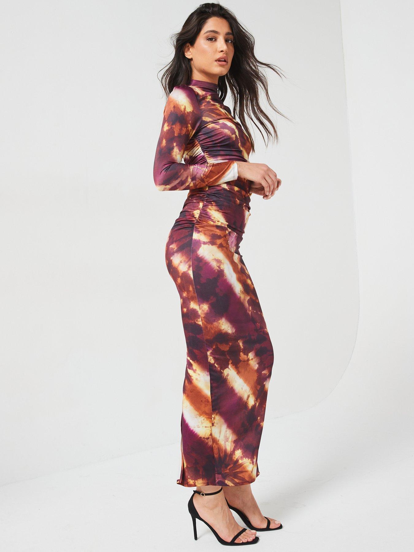 Image 4 of 6 of V by Very Long Sleeve Ruched Printed Dress - Brown