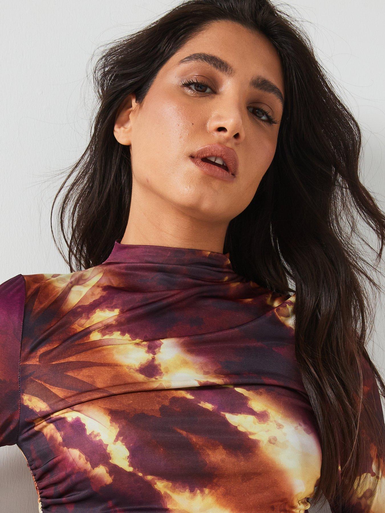 Image 6 of 6 of V by Very Long Sleeve Ruched Printed Dress - Brown