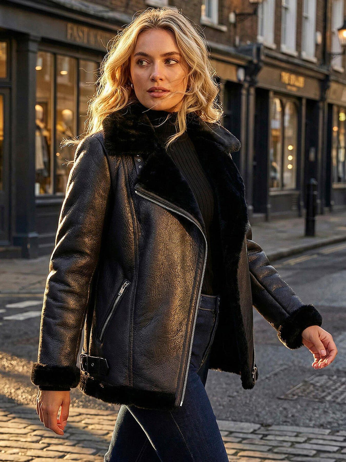 Roman Faux Fur Lined Zip Detail Aviator Jacket - Black