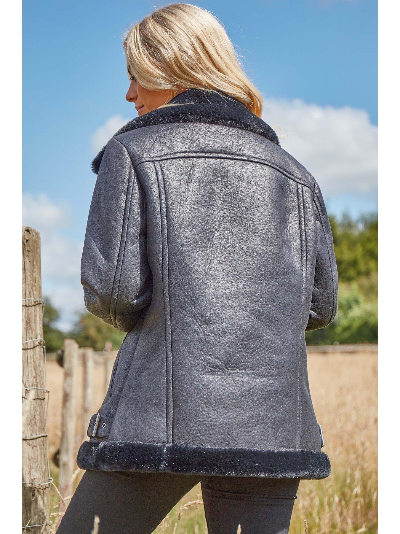 Image 2 of 4 of Roman Faux Fur Lined Zip Detail Aviator Jacket - Black