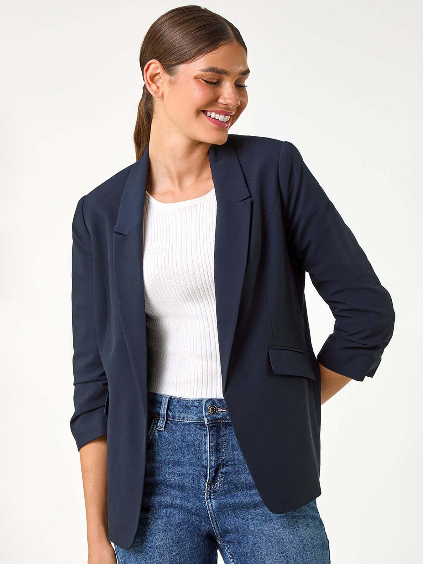undefined Ruched 3/4 Sleeve Stretch Blazer - Navy