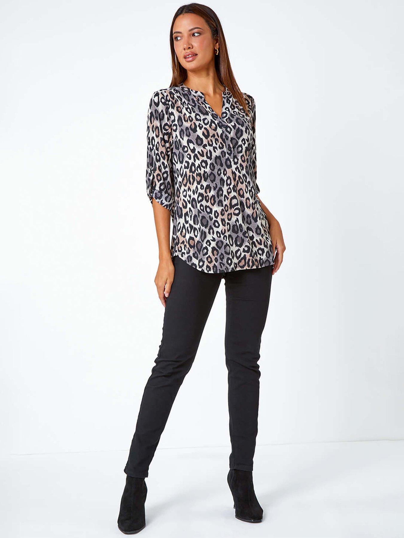 Image 3 of 4 of Roman Animal Print Stretch Blouse - Taupe