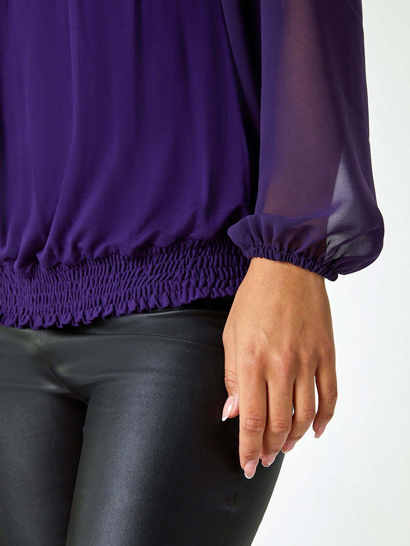 Chiffon Sleeve Bubble Hem Stretch Top Purple