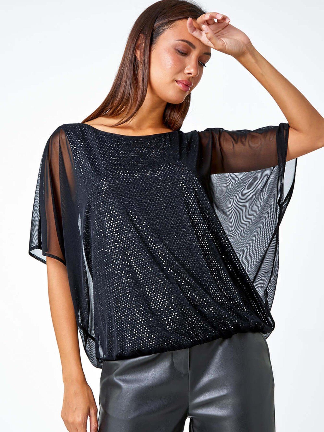 Plus Size Top with Merrow Hem and 3/4 Sleeves - Black Printed