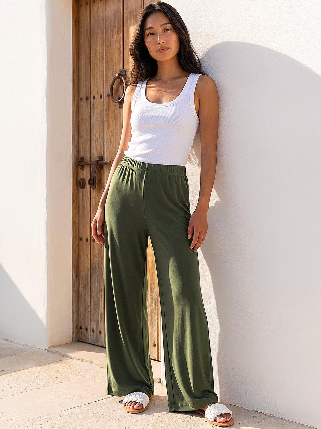 Roman Petite Wide Leg Stretch Trouser - Khaki