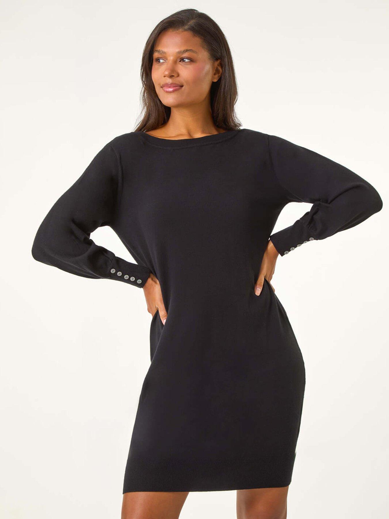 Roman Button Detail Slash Neck Knitted Stretch Dress Black Very