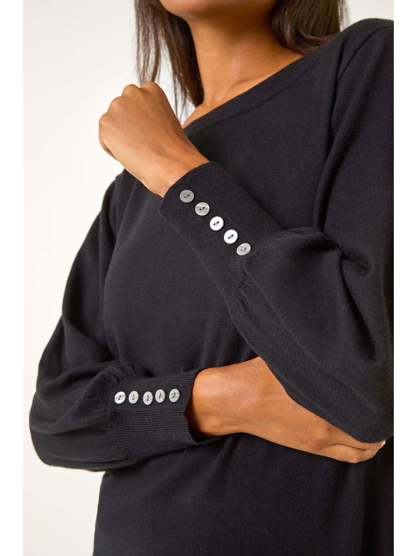 Image 5 of 5 of Roman Button Detail Slash Neck Knitted Stretch Dress - Black