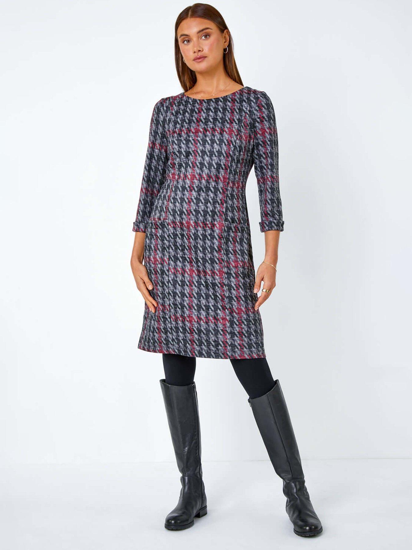Roman Houndstooth Pocket Shift Stretch Dress - Red