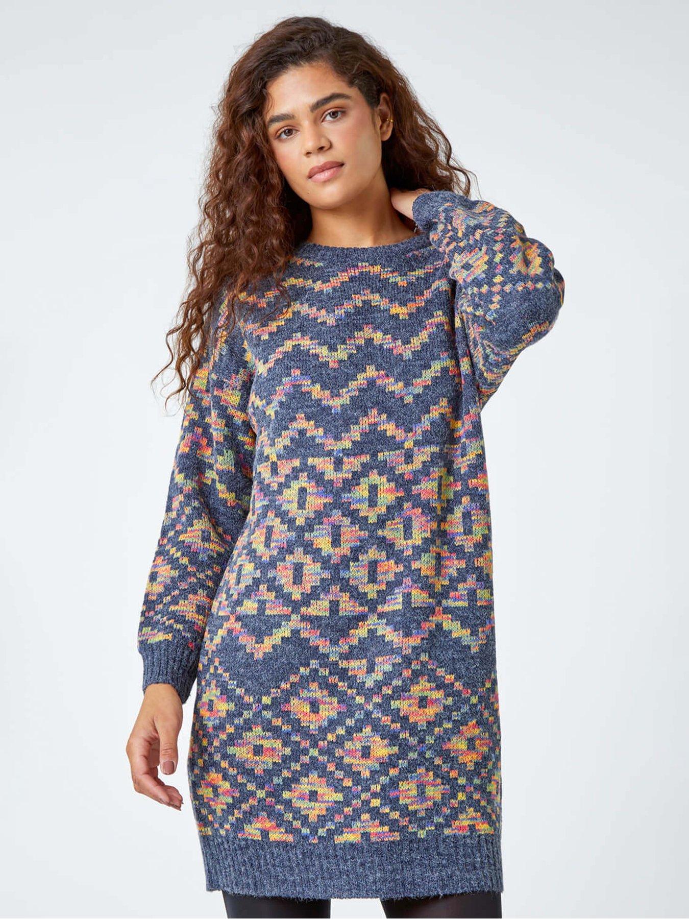Roman Geometric Print Jacquard Jumper Dress - Grey