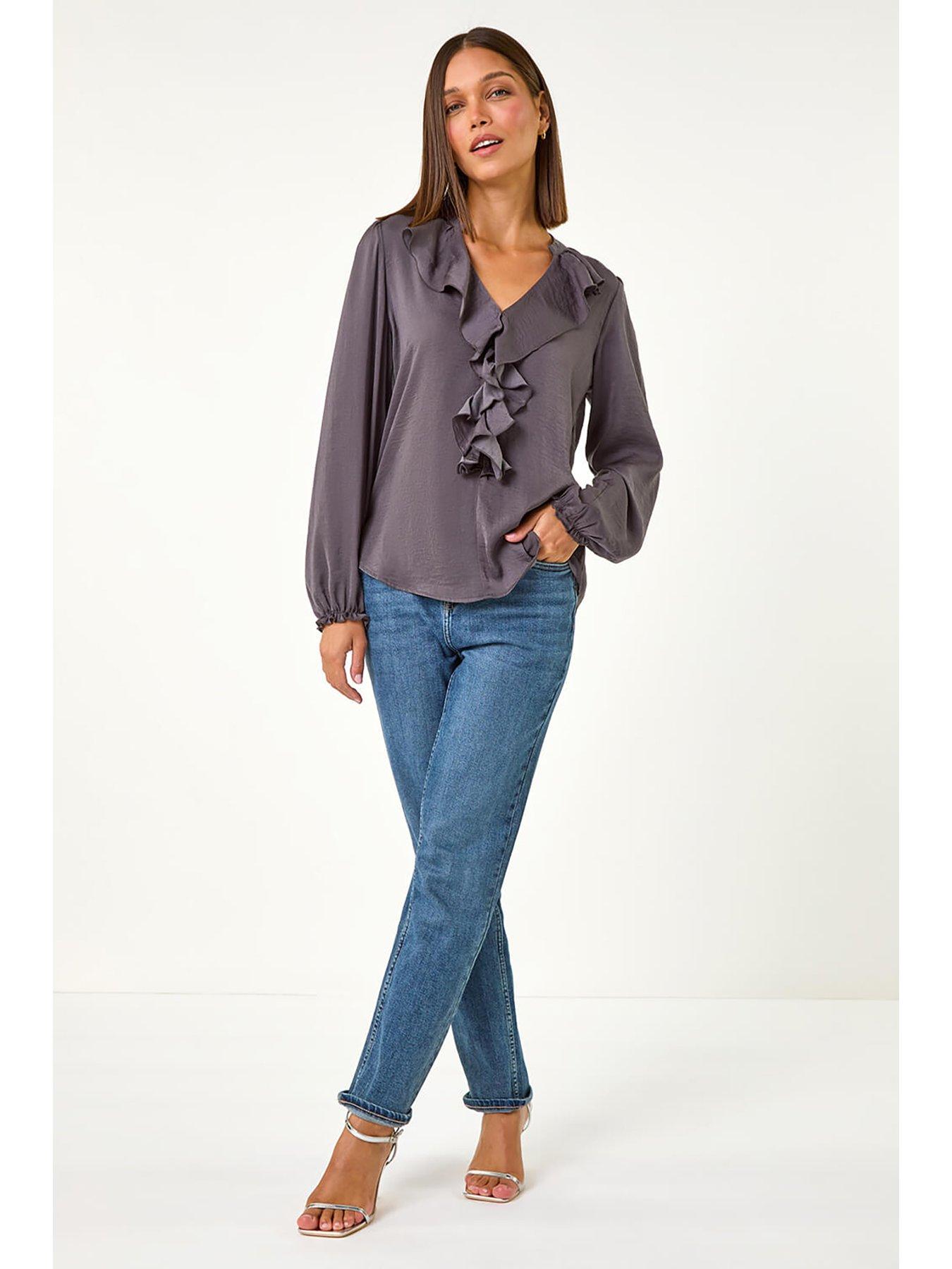 Roman Satin Ruffle Neck Blouse - Grey | Very