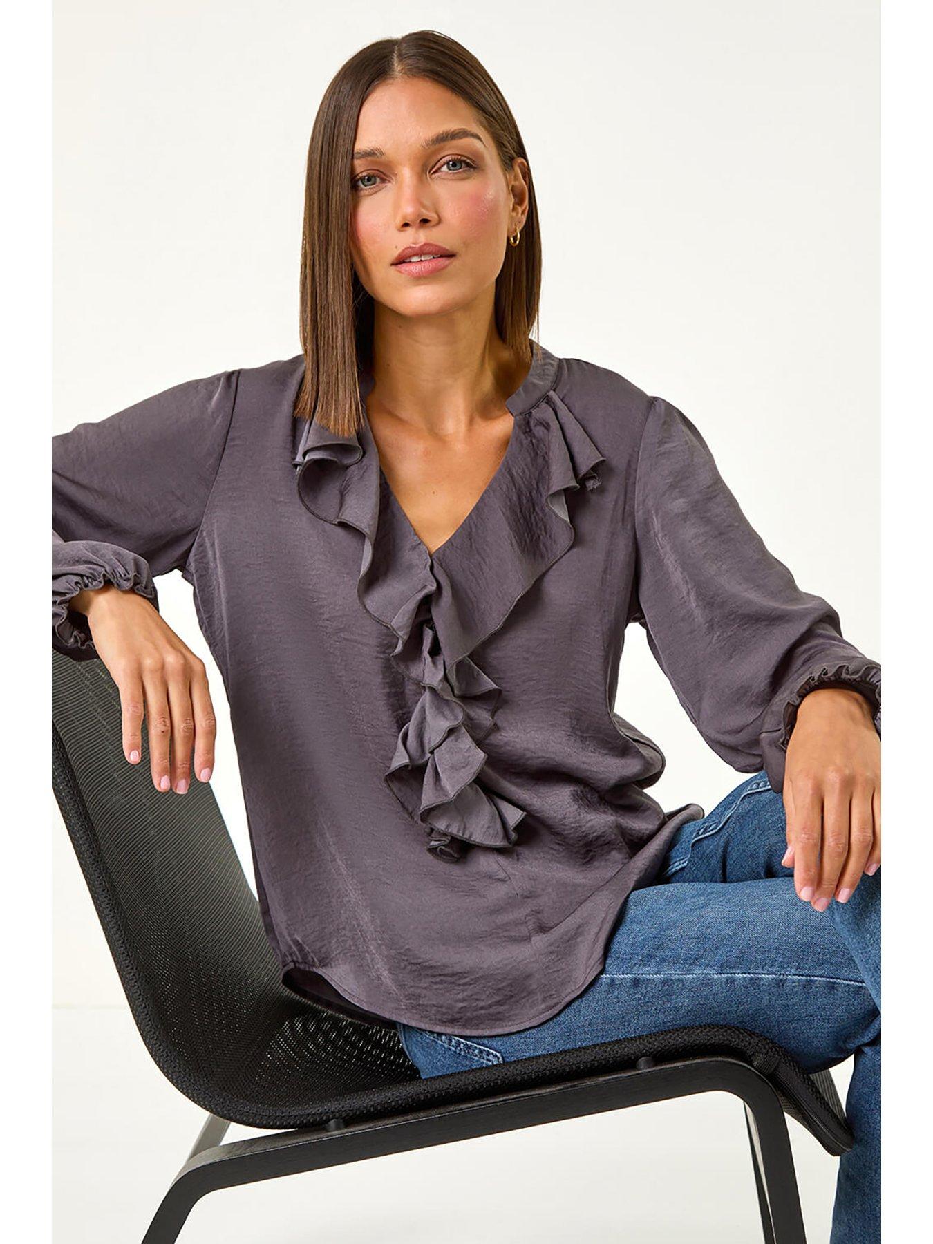 Roman Satin Ruffle Neck Blouse - Grey | Very