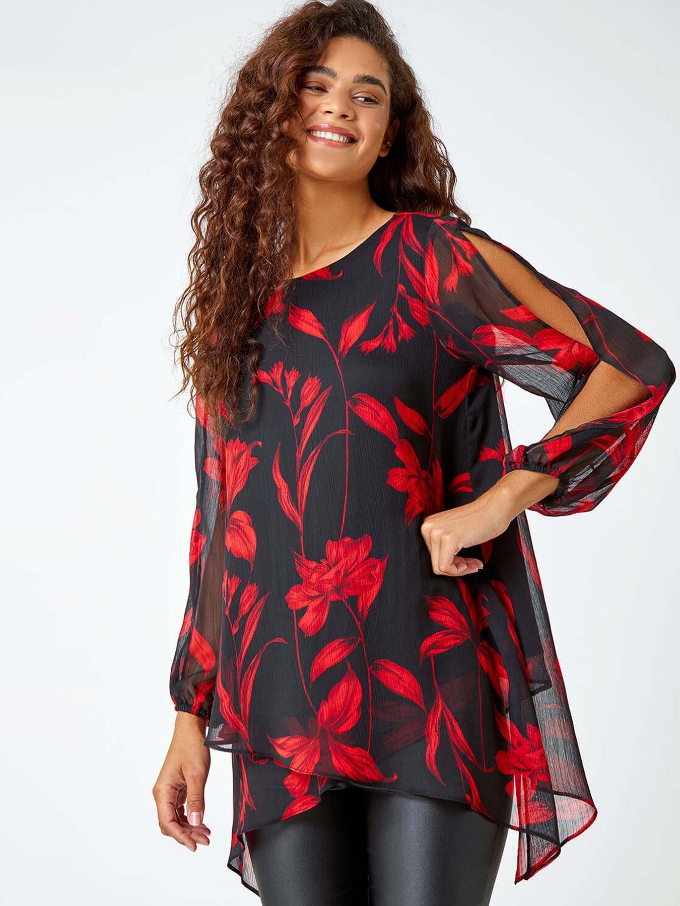 Roman Floral Chiffon Layered Tunic Top - Red