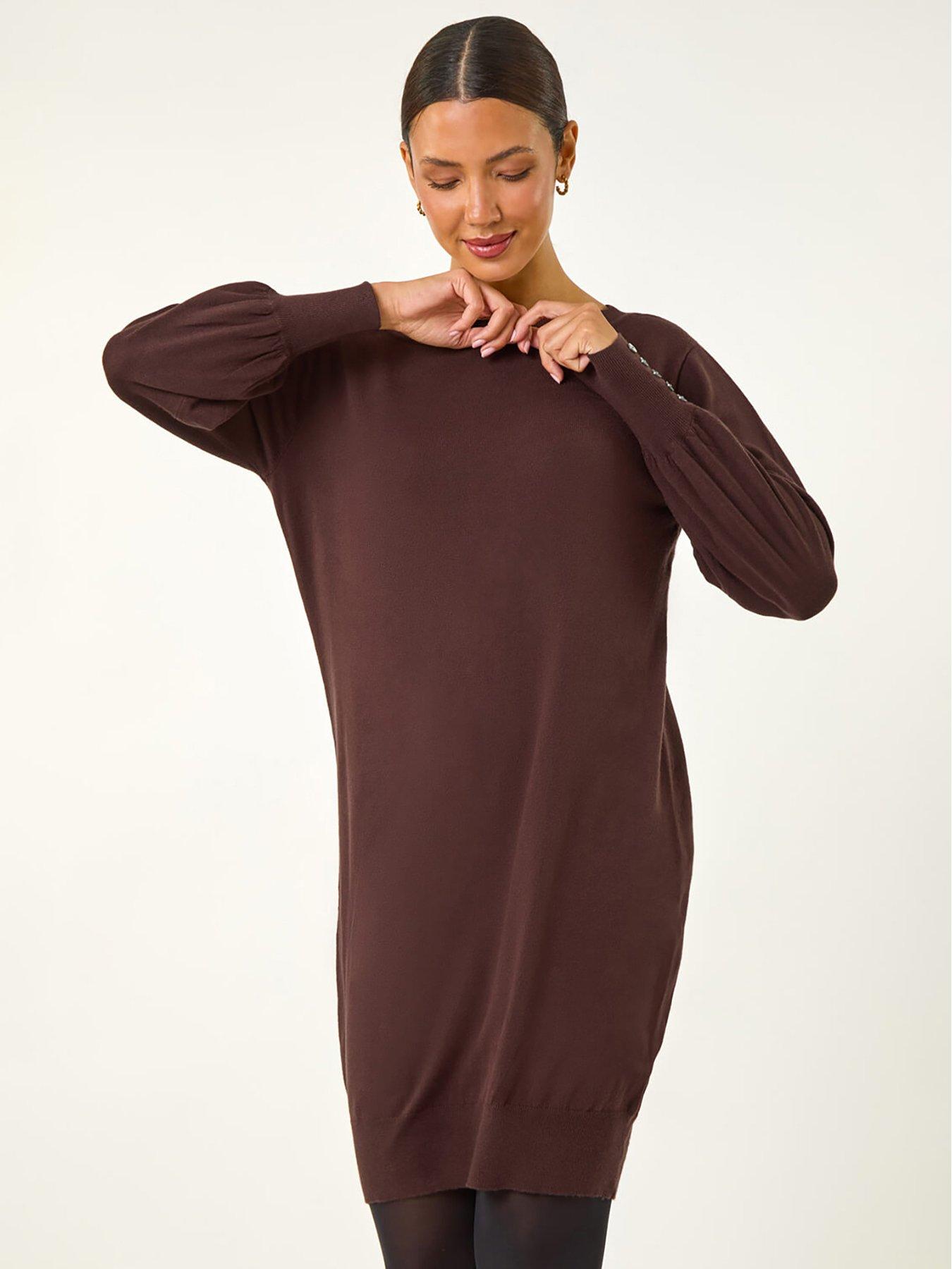Roman Button Detail Knitted Jumper Dress - Chocolate