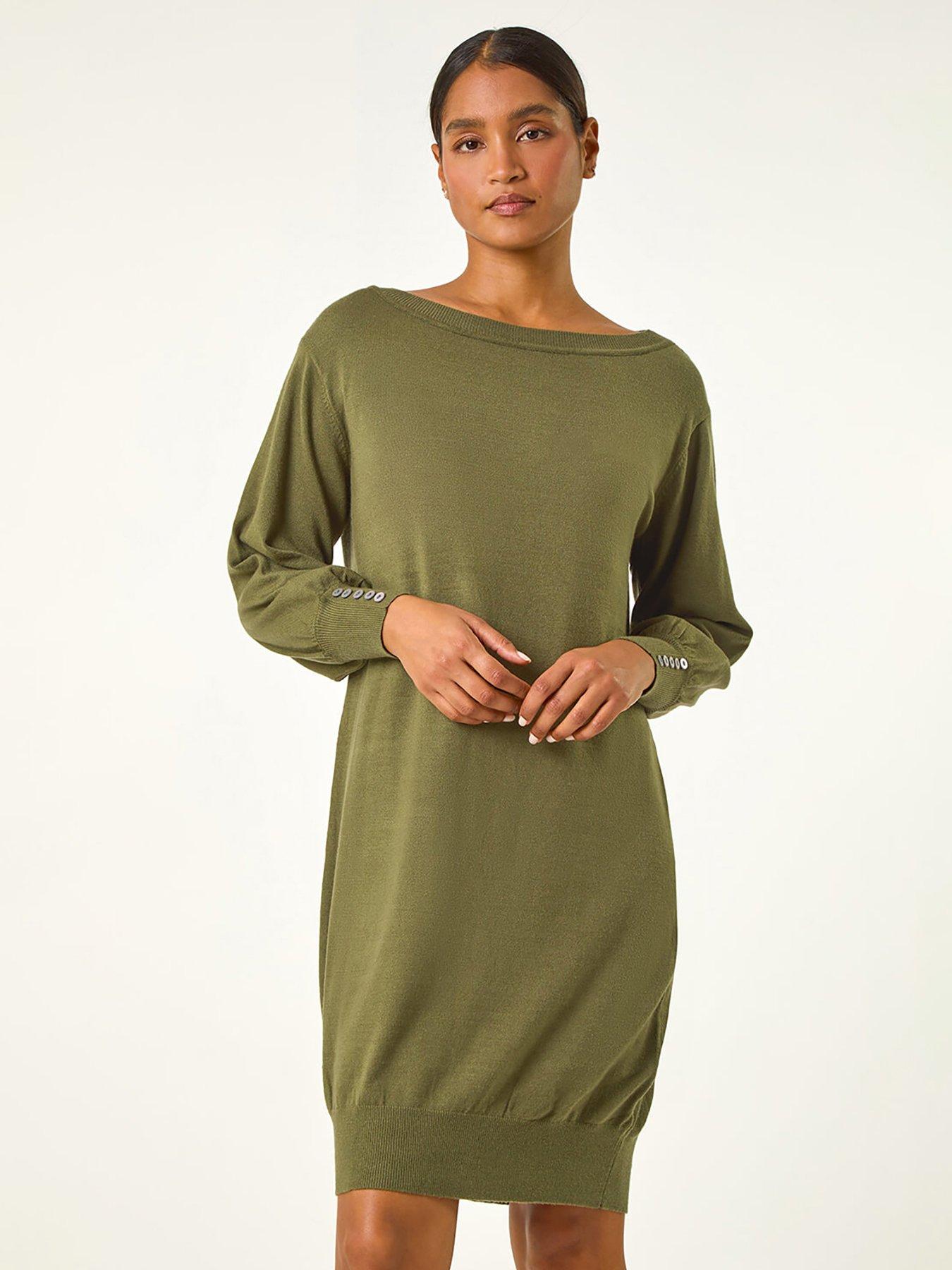Roman Button Detail Knitted Jumper Dress - Khaki