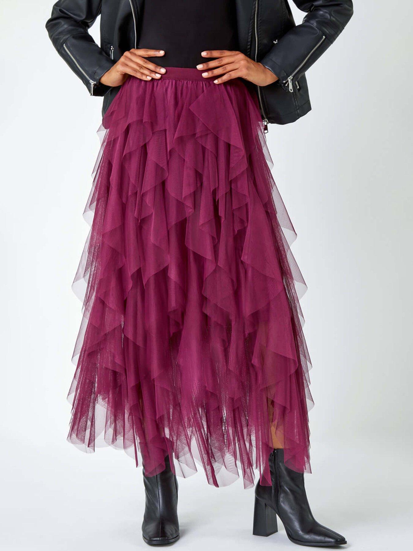 roman-elasticated-mesh-layered-skirt-wine