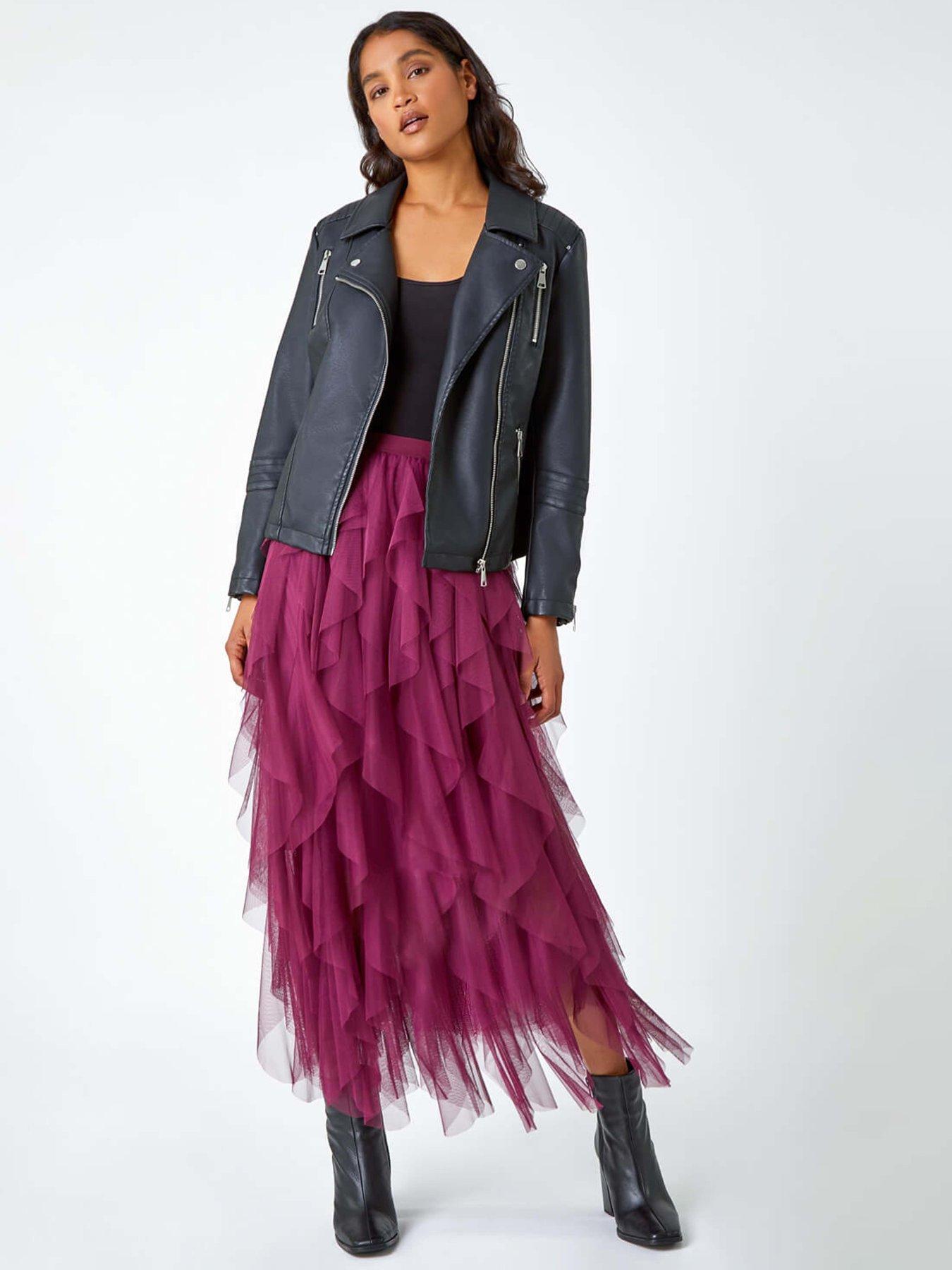 Roman Elasticated Mesh Layered Skirt Wine Very