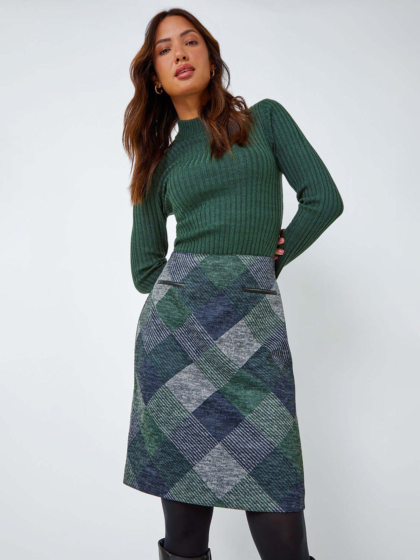 Roman Check Print Pocket Stretch A Line Skirt - Green