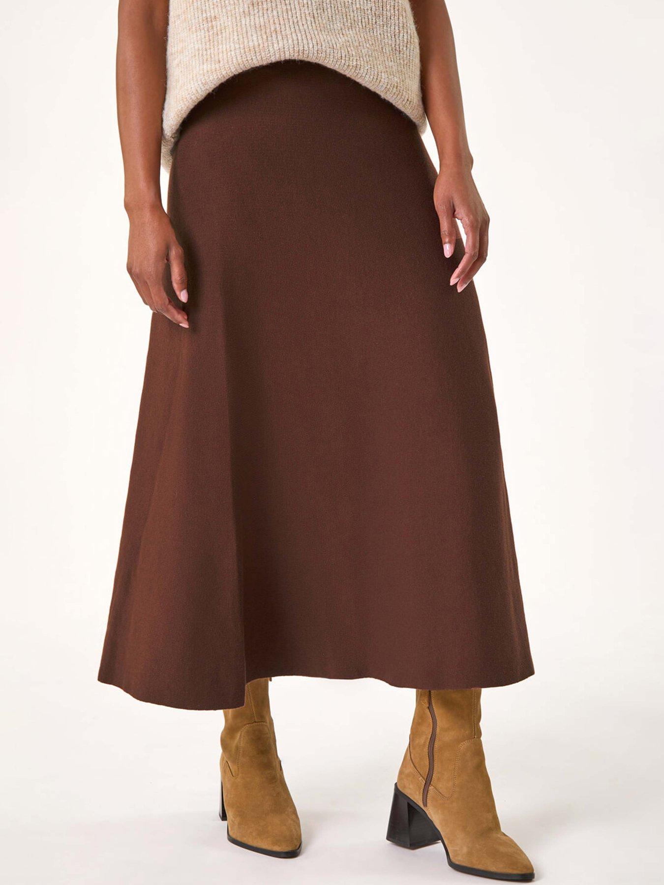 Roman Knitted Midi Stretch Skirt, Brown, Size 20, Women