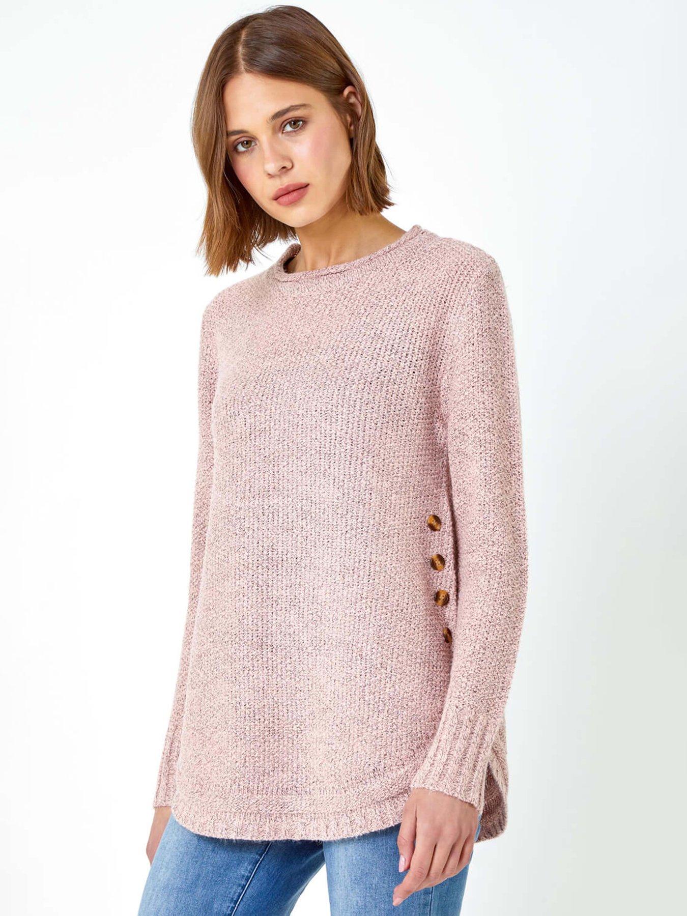 Roman Button Detail Curved Hem Jumper, Pink, Size 10, Women