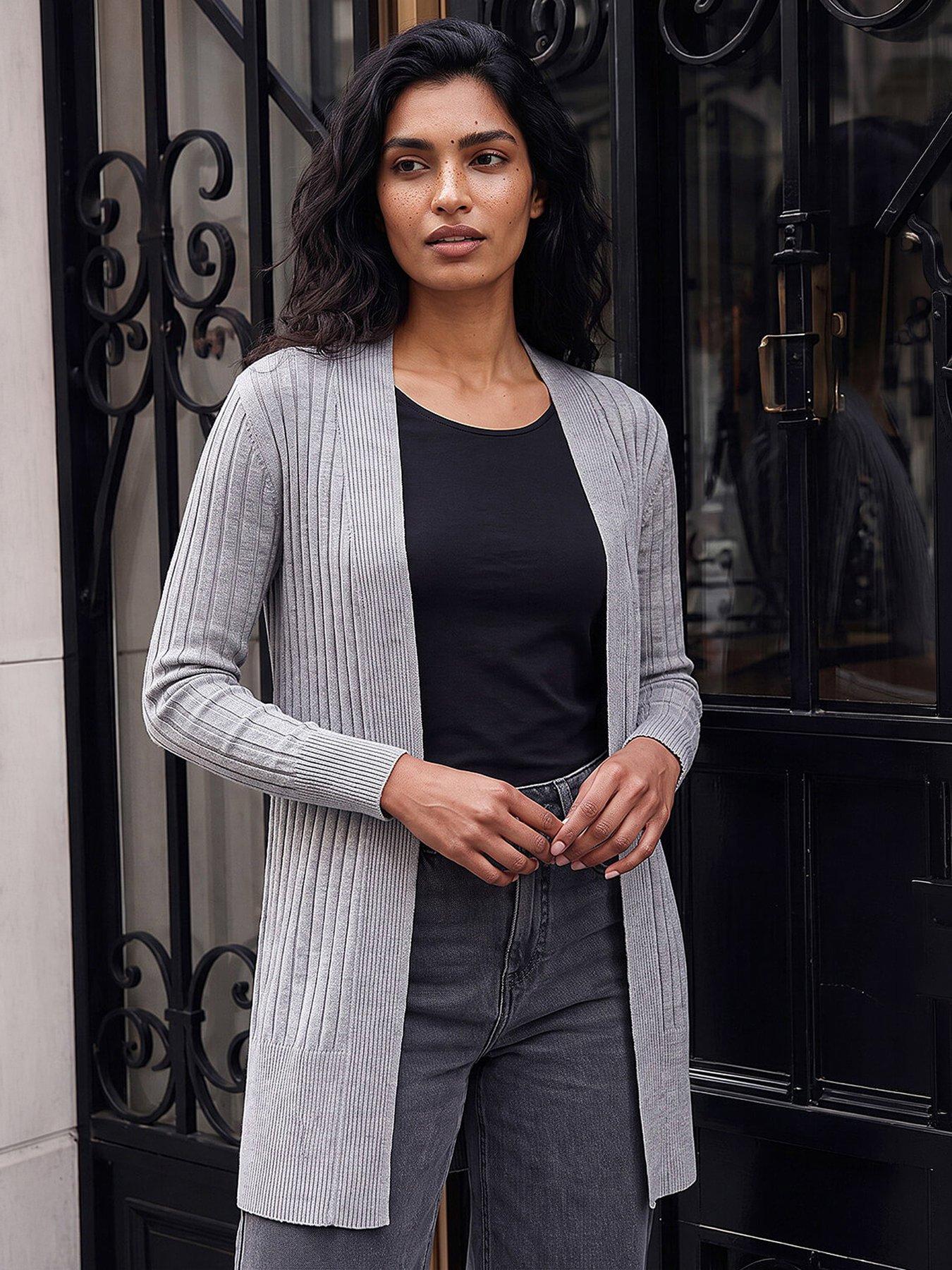 Roman Women's Light Grey Longline Stretch Ribbed Cardigan Sweater In | : Size 20 - Image 4
