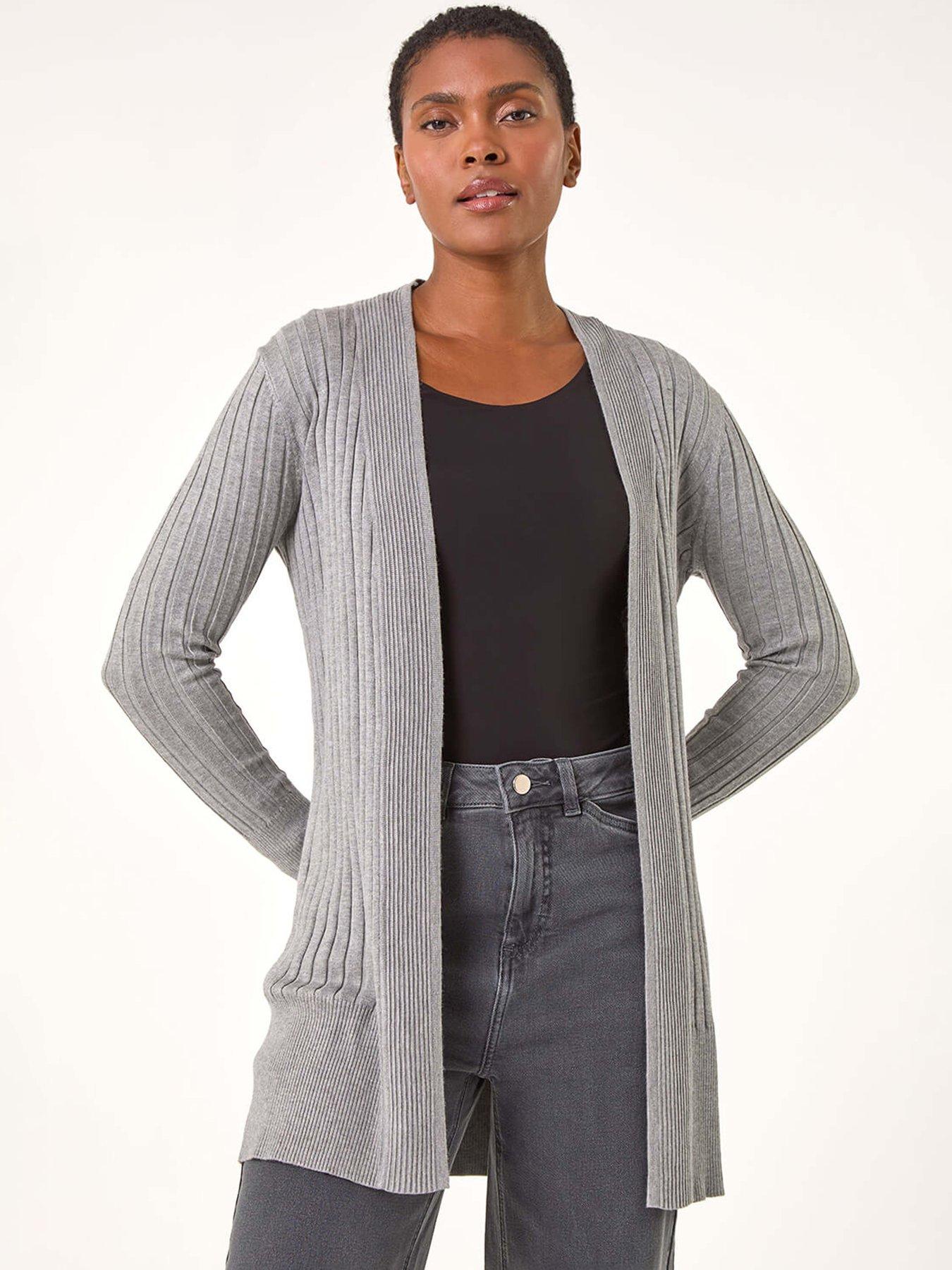 undefined Longline Stretch Ribbed Cardigan - Light Grey