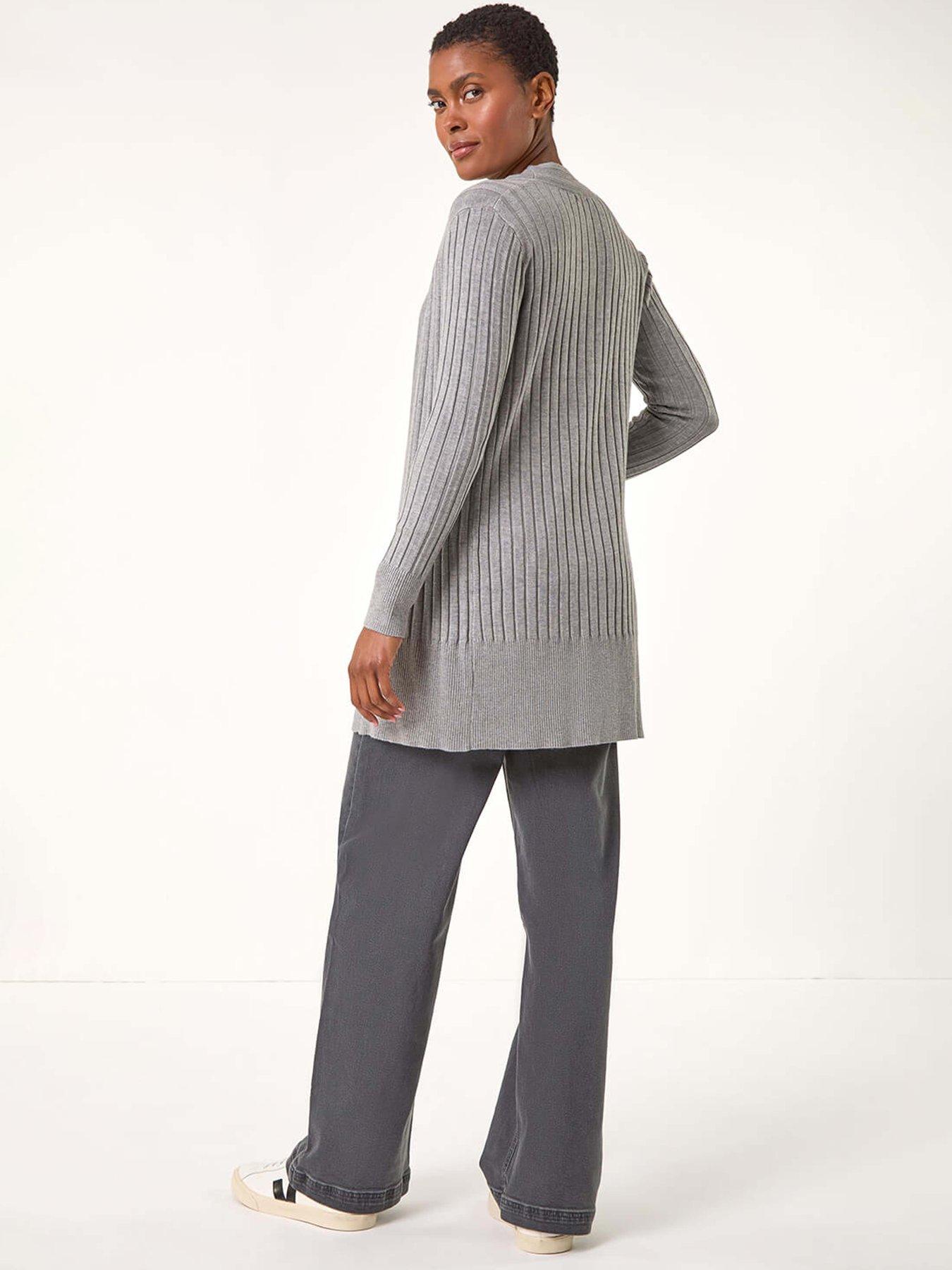 Roman Longline Stretch Ribbed Cardigan Light Grey Very