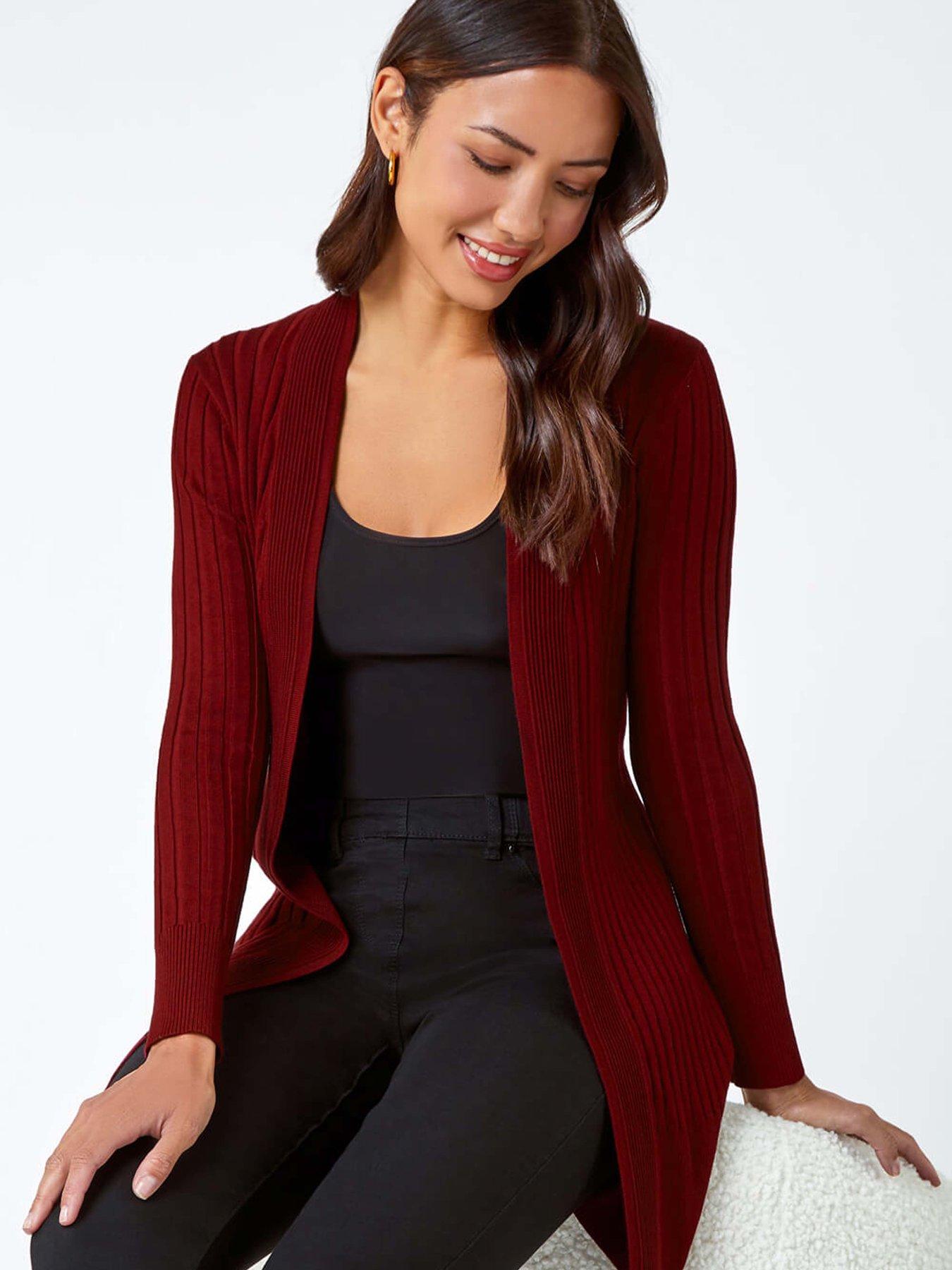 Roman Longline Stretch Ribbed Cardigan - Wine